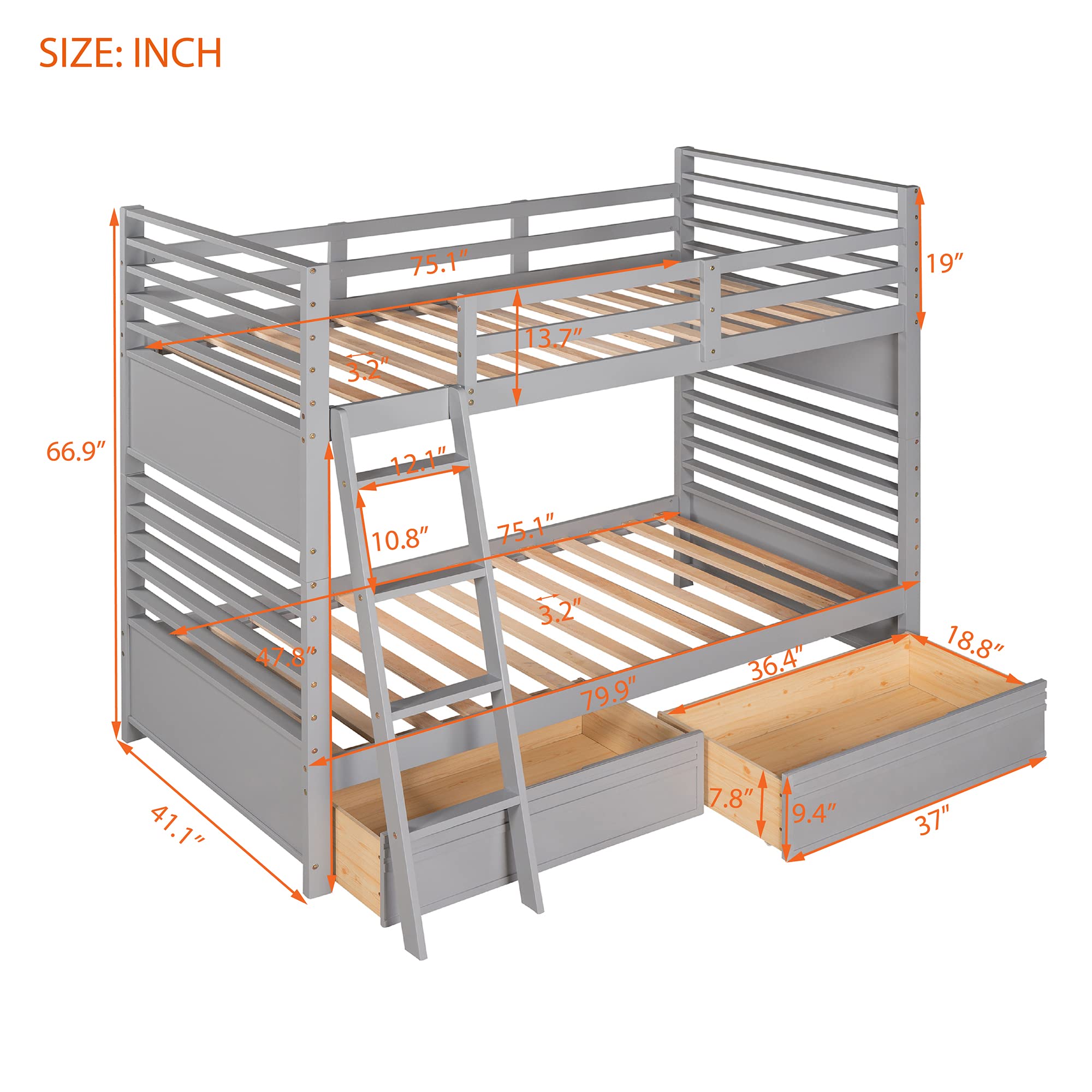Harper & Bright Designs Twin Over Twin Bunk Bed with Ladder & 2 Storage Drawers - Space-Saving Wooden Bunk Bed Frame for Kids & Teens - Perfect for Small Bedrooms, Guest Rooms & Vacation Homes (Grey)