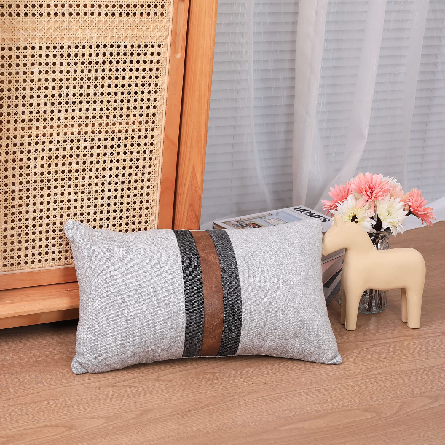 BOYSUM 12x20 Inch Faux Leather Farmhouse Decorative Pillow Covers - Brown & Grey Modern Accent Pillows for Outdoor, Couch, Sofa & Bed - Waterproof & Durable Home Decor for Patio, Living Room & Bedroom