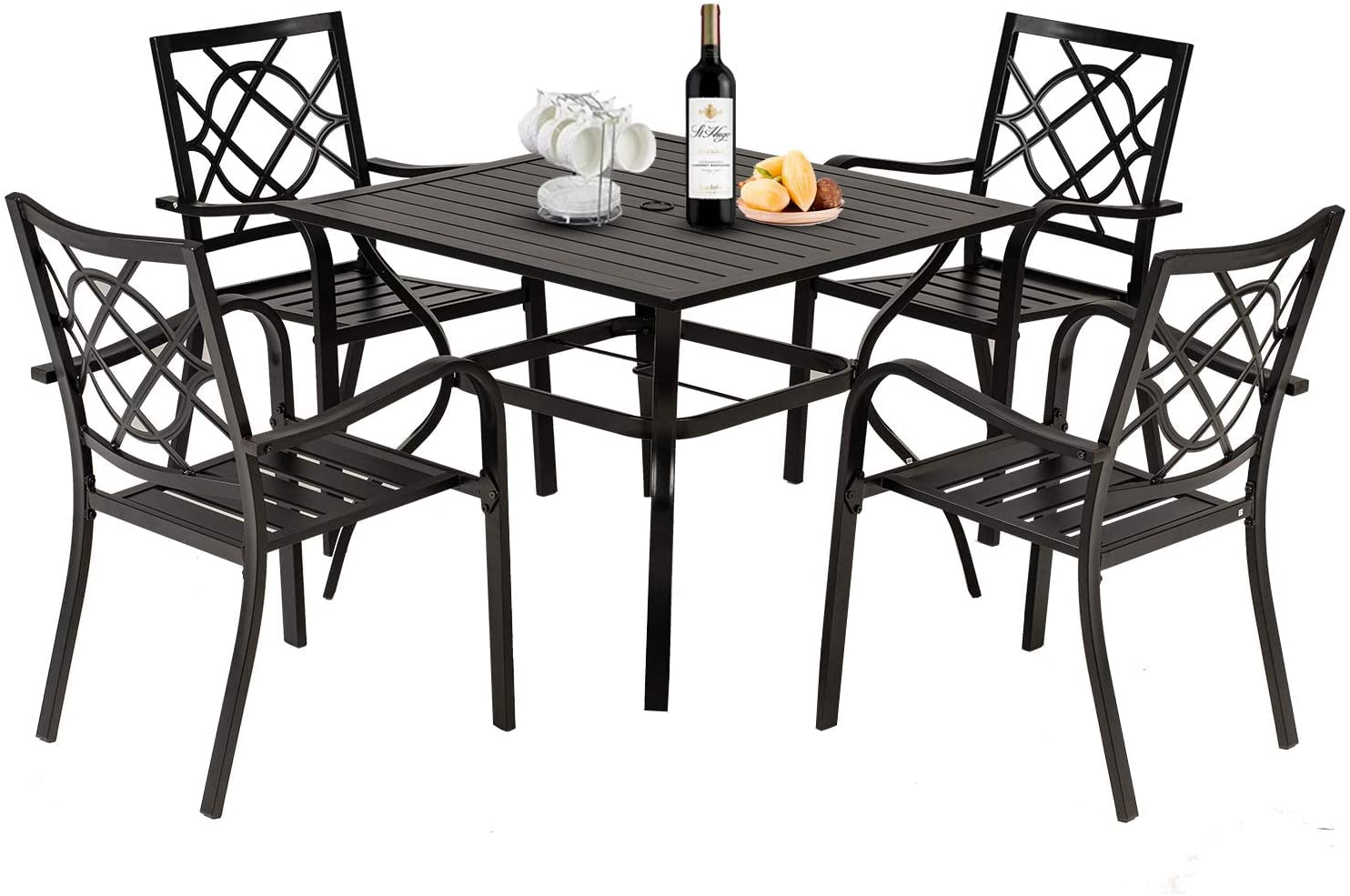 5-Piece Outdoor Dining Set - Wrought Iron Patio Furniture with 4 Chairs & Square Table (1.57