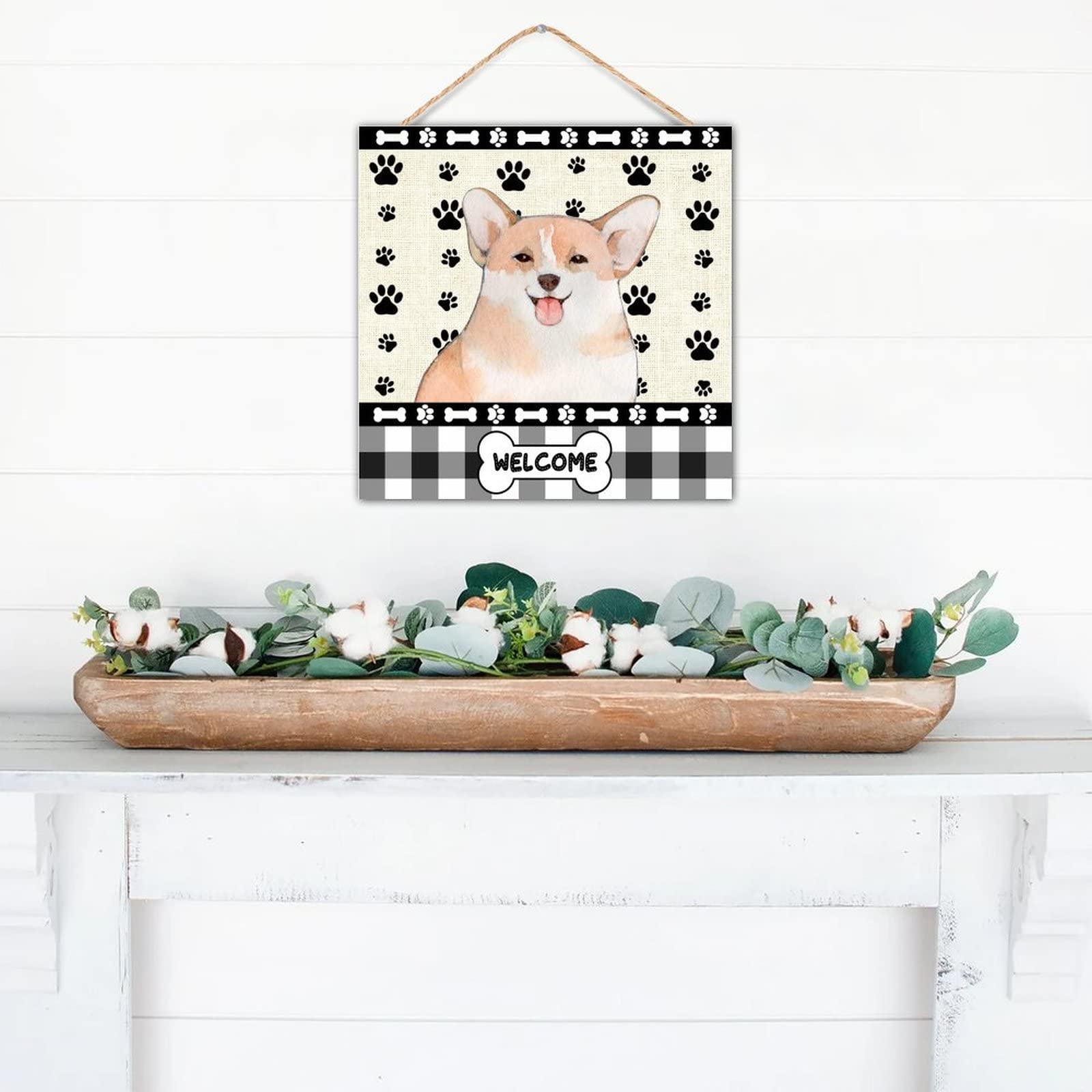 12x12 Inch Rustic Wood Signs - Corgi Dog Paw Welcome Farmhouse Wood Plaque, Handcrafted Wall Art Hanging Sign for Door, Kitchen, Dining Room - Perfect for Home Decor & Country Style Living Spaces