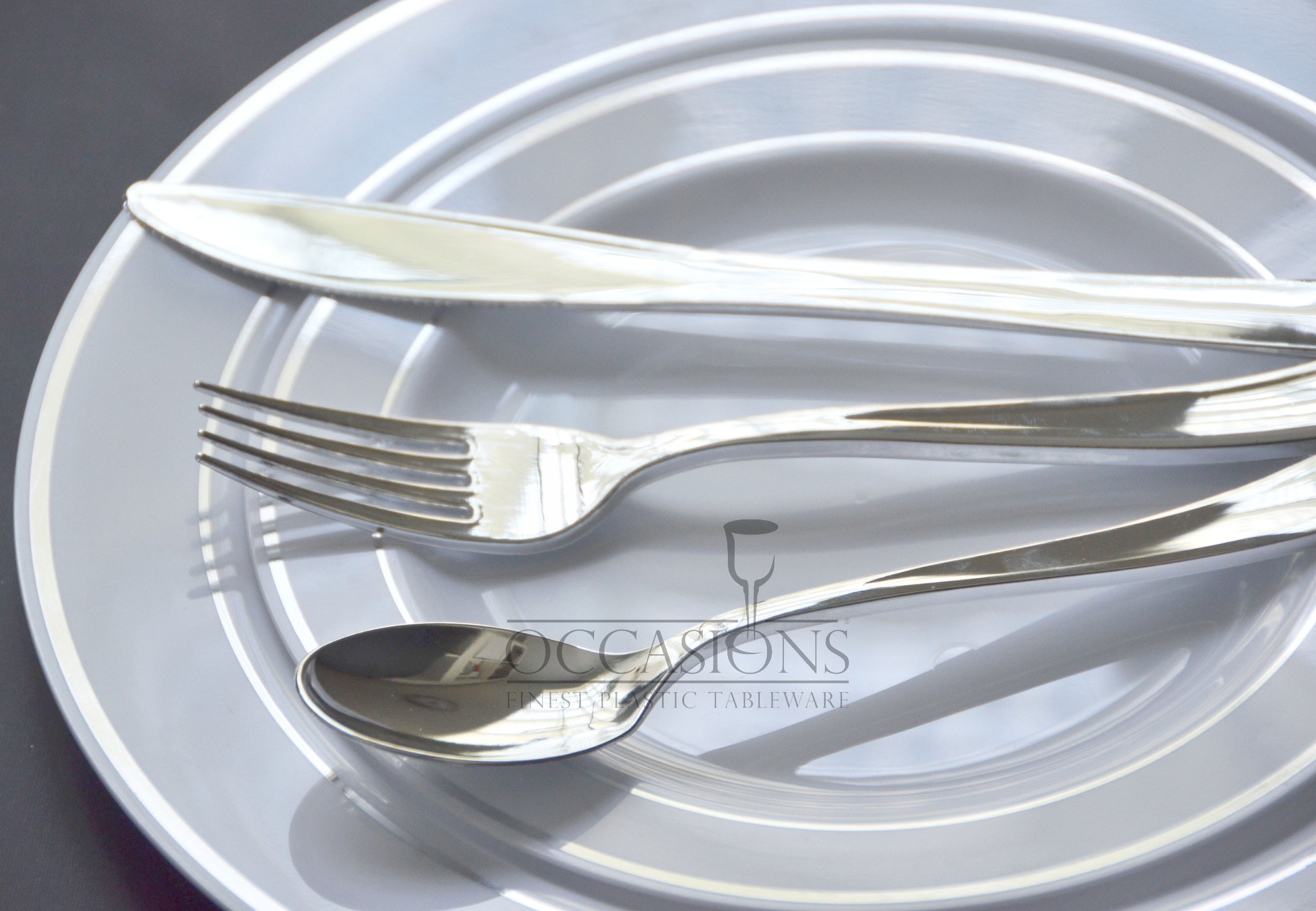 Disposable Plastic Plates & Silverware Combo for Weddings & Parties - 9'', 7.5'', 6'' Sizes (60-Pack, White with Silver Rim) - Perfect for Birthday Celebrations, Baby Showers & Catering Events