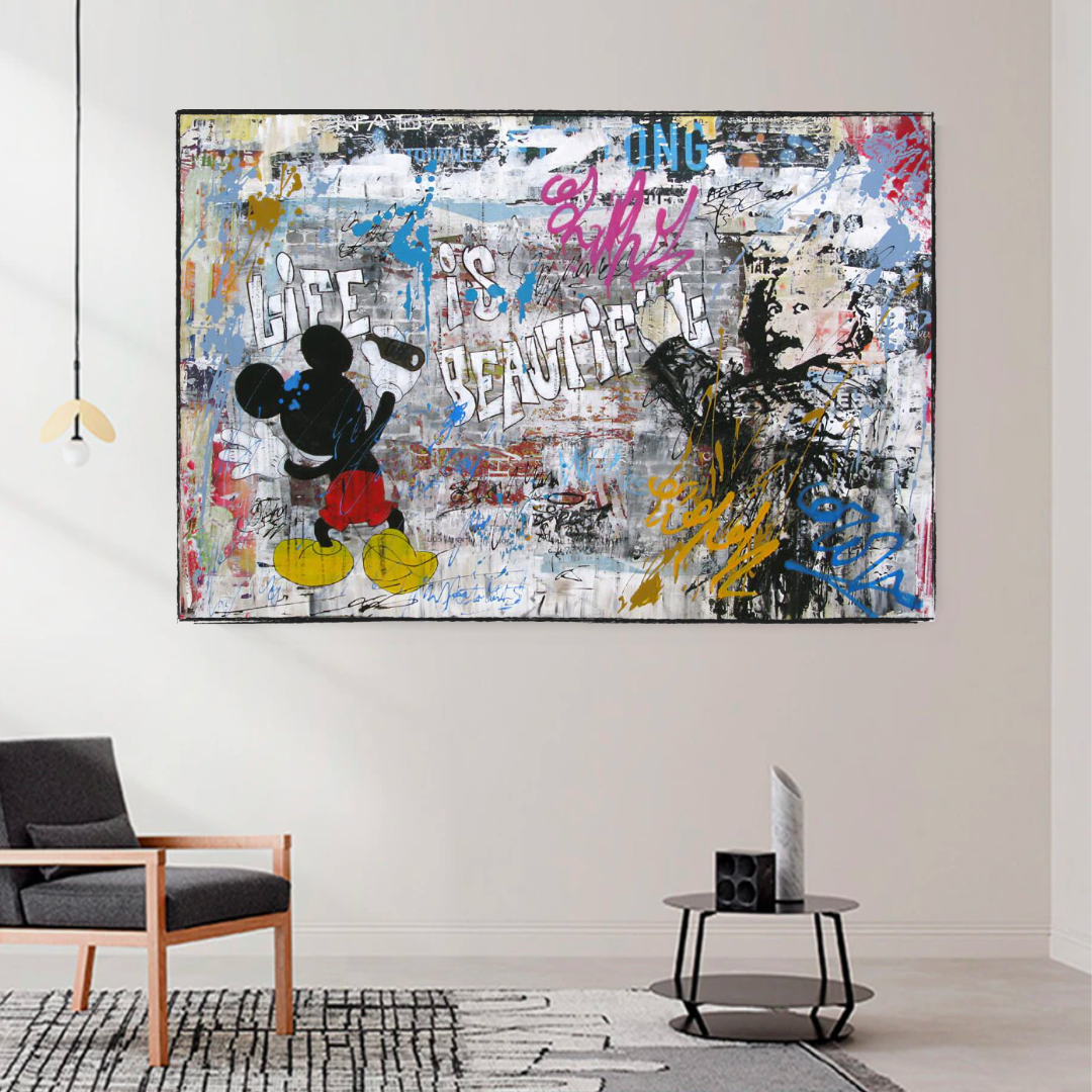 Banksy Life is Beautiful Mickey Mouse Canvas Wall Art Print - Pop Art Home Decor for Living Room, Bedroom & Office
