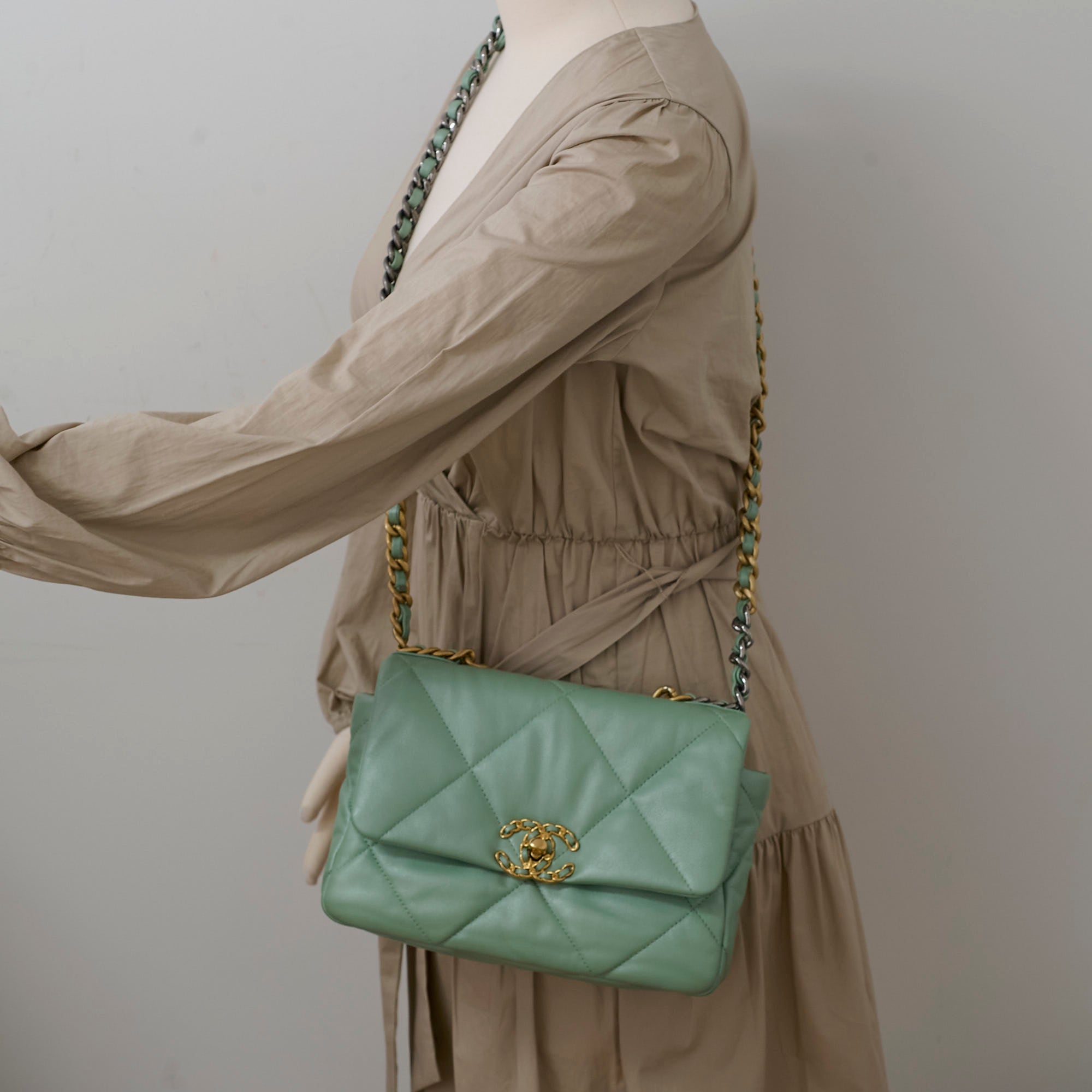 Chanel Small 19 Handbag Iridescent Green Leather Crossbody Bag with Microchip - Perfect for Evening Parties, Date Nights & Luxury Fashion Accessories