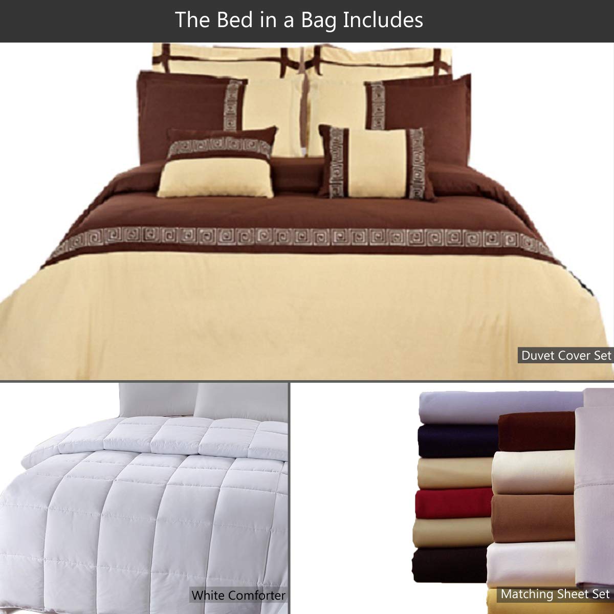 12-Piece Embroidered Microfiber King Size Bed in a Bag Set - Gold & Chocolate Astrid Duvet Cover, 300TC 100% Cotton Sheets, White Down Alternative Comforter - Luxury Bedding for Master Bedroom, Guest Room & Hotel Style Decor