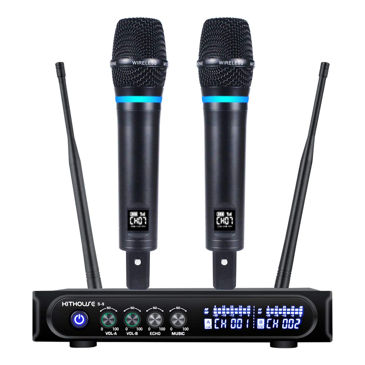 Professional S9 UHF Rechargeable Wireless Microphone System - Dual Wireless Mic with Bluetooth Receiver, Volume Control & ECHO - 200ft Range for Karaoke, Singing, Speech, Meetings, Church & Live Performances