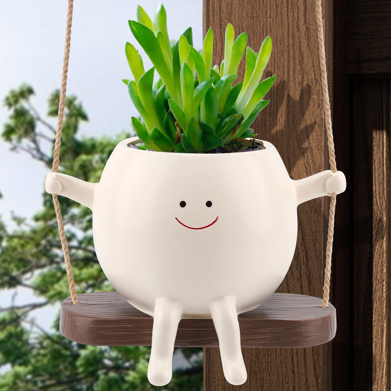 Smiley Face Hanging Planter Pot - Glossy Indoor/Outdoor Flower Pot for Succulents, String of Pearls & Plants | Cute Swing Planter for Home Decor, Garden, Balcony & Patio