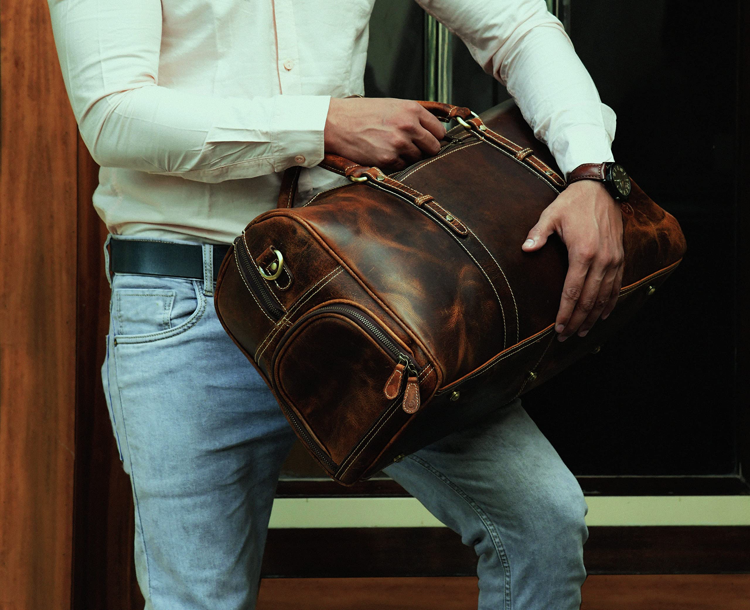 Premium Genuine Leather Travel Duffel Bag - Waterproof Gym & Sports Duffel with Shoulder Strap - Perfect Carry-On Luggage for Airplane Travel - Ideal Father's Day Gift for Men by Aaron Leather Goods | Business Trips, Gym Workouts & Weekend Getaways