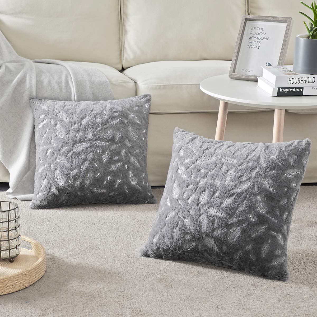 Premium 18x18 Inch Throw Pillow Covers Set of 2 - Soft Dark Grey Faux Fur with Elegant Silver Leaf Design for Couch, Bed & Home Decor - 45x45 cm Farmhouse Style Accent Pillows - Perfect for Living Room, Bedroom & Cozy Reading Nooks