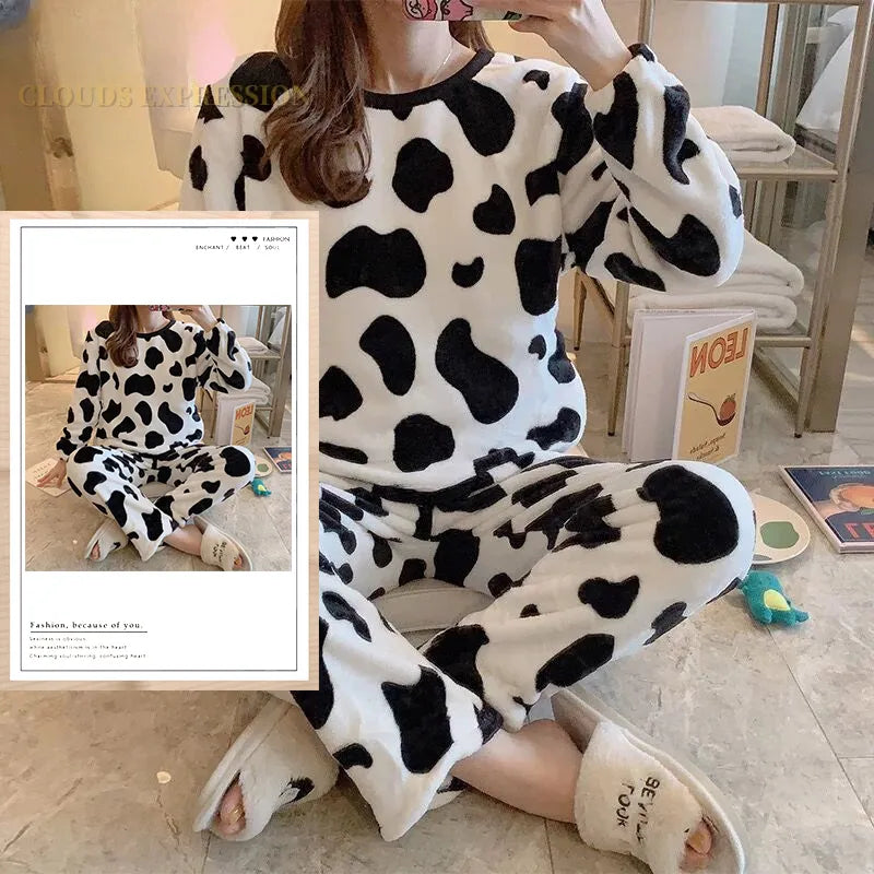 Women's Flannel Pajama Set - Cute Polka Dot Print Teddy Sleepwear, Velvet Loungewear for Winter & Autumn | Cozy Homewear for Women & Girls, Perfect for Sleepovers & Relaxing at Home