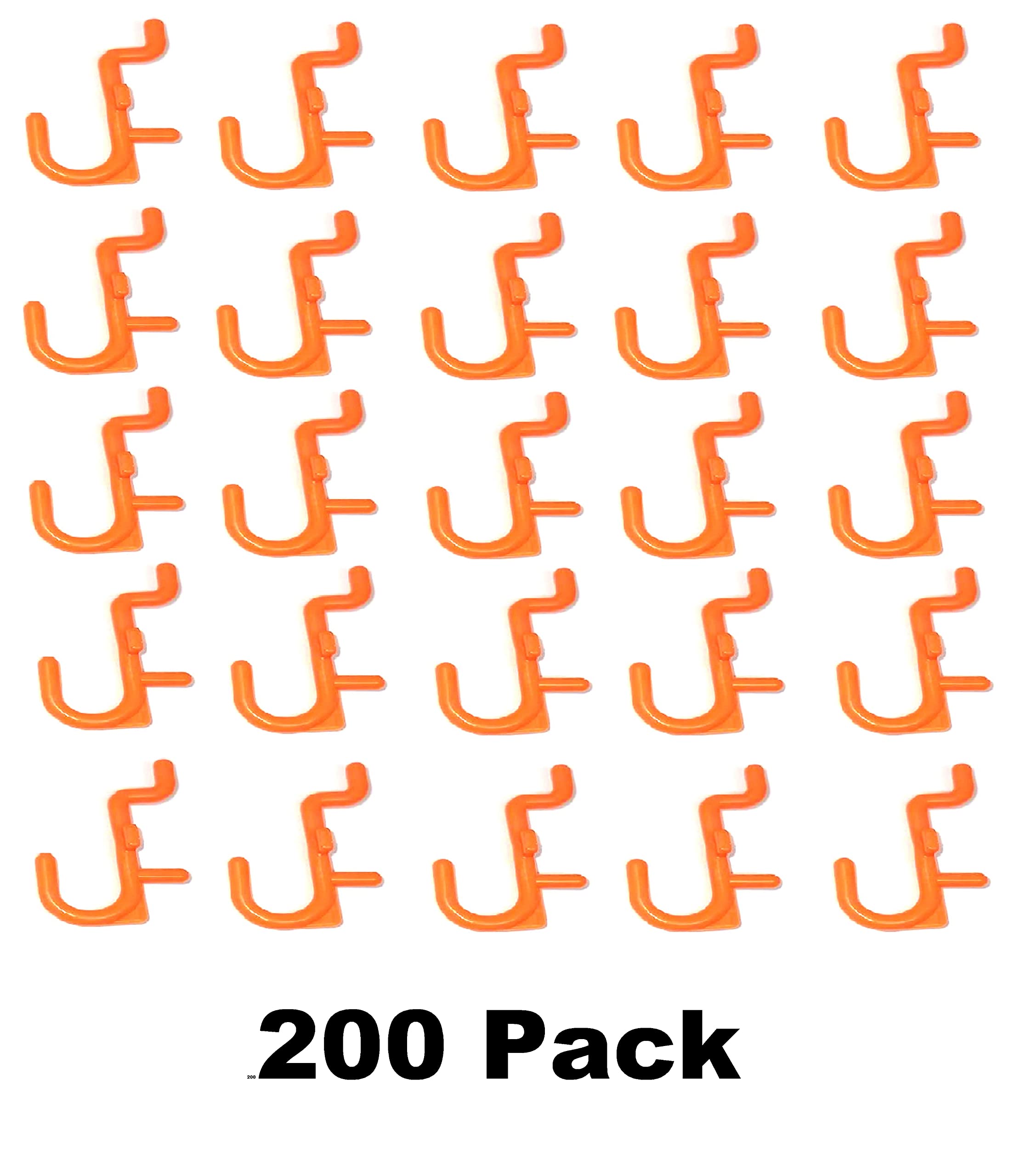 JSP Manufacturing Non-Locking Plastic J-Style Pegboard Hooks - 200-Pack Orange for Garage Tool Organization & Craft Storage | Perfect for DIY Projects, Workshop Accessories & Home Improvement