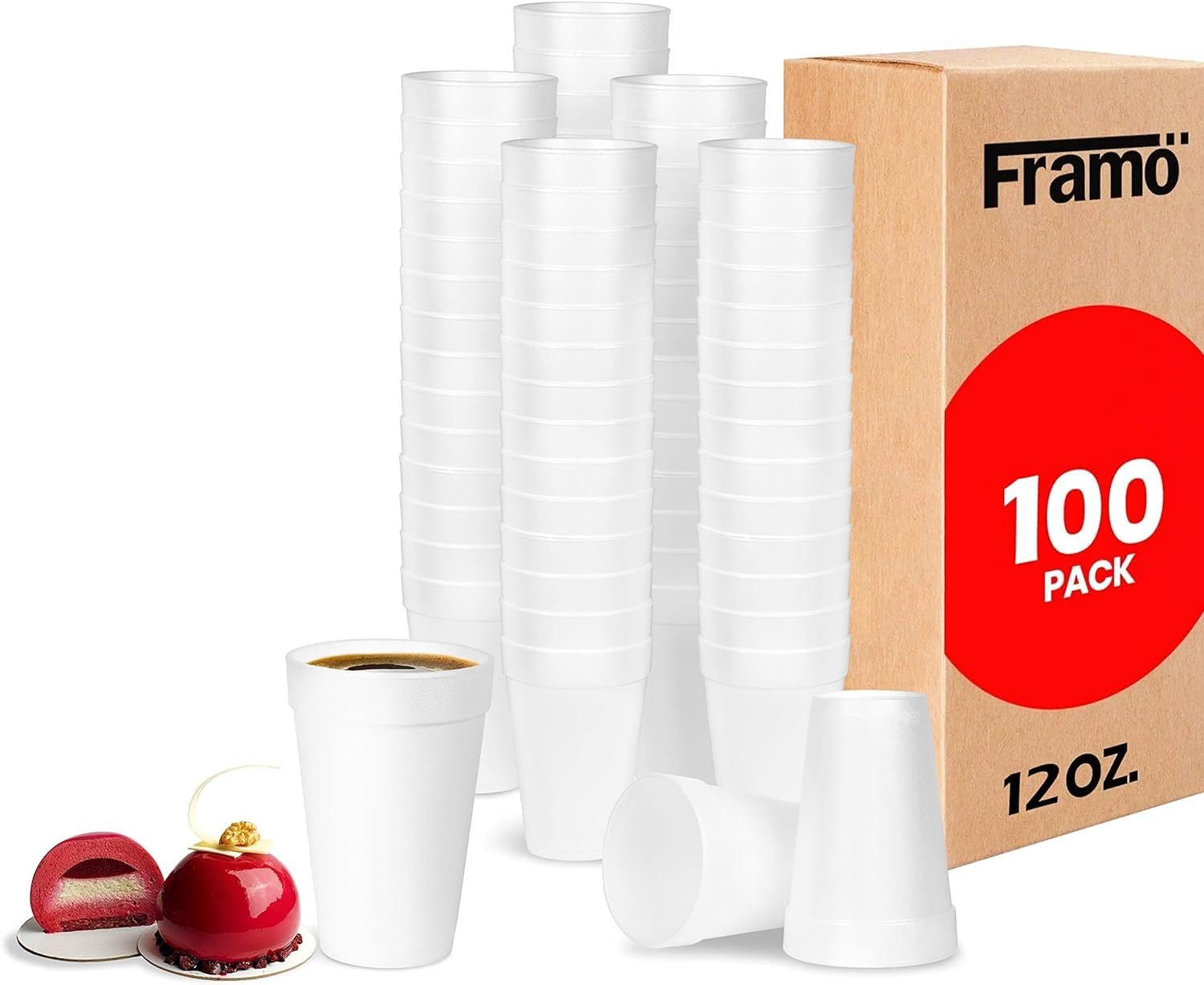 12 Oz Insulated Foam Cups (100 Pack) - Lightweight Disposable Coffee Cups for Hot & Cold Beverages - Perfect for Parties, Picnics, BBQs, Travel & Events - Great for Home, Office & Outdoor Use