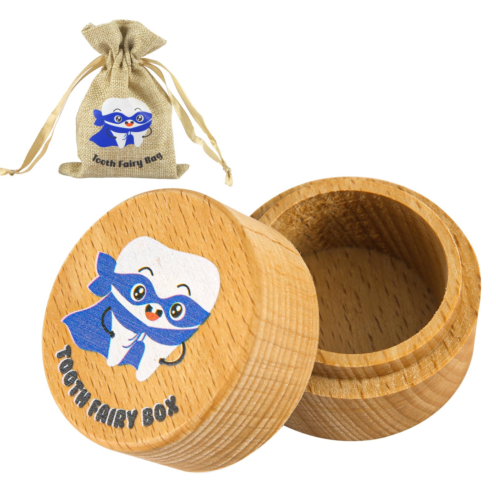 Tooth Fairy Box with Drawstring Storage Bag - Cute Wooden Keepsake Box for First Lost Teeth, Cartoon Tooth Holder for Under Pillow - Perfect Birthday Gift for Girls & Boys (Mask Included) | Great for Tooth Fairy Traditions, Baby's First Tooth Memory & Special Occasion Gifts