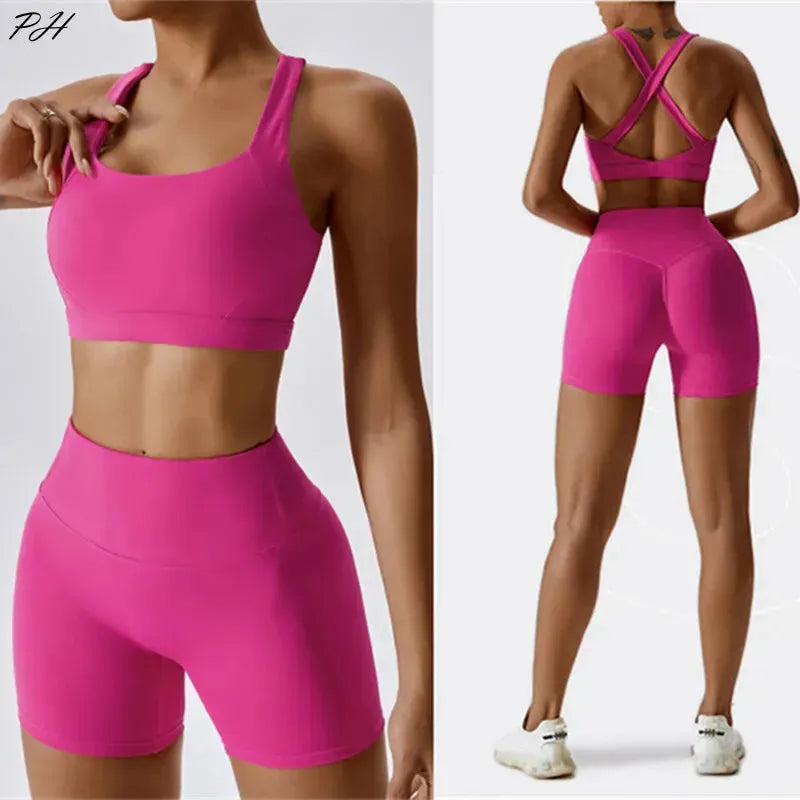 Nude Feeling Yoga Sport Sets for Women - Summer Fitness Workout Clothes with Cross Back Sports Bra & Gym Shorts | Perfect for Yoga, Running, Gym & Outdoor Activities