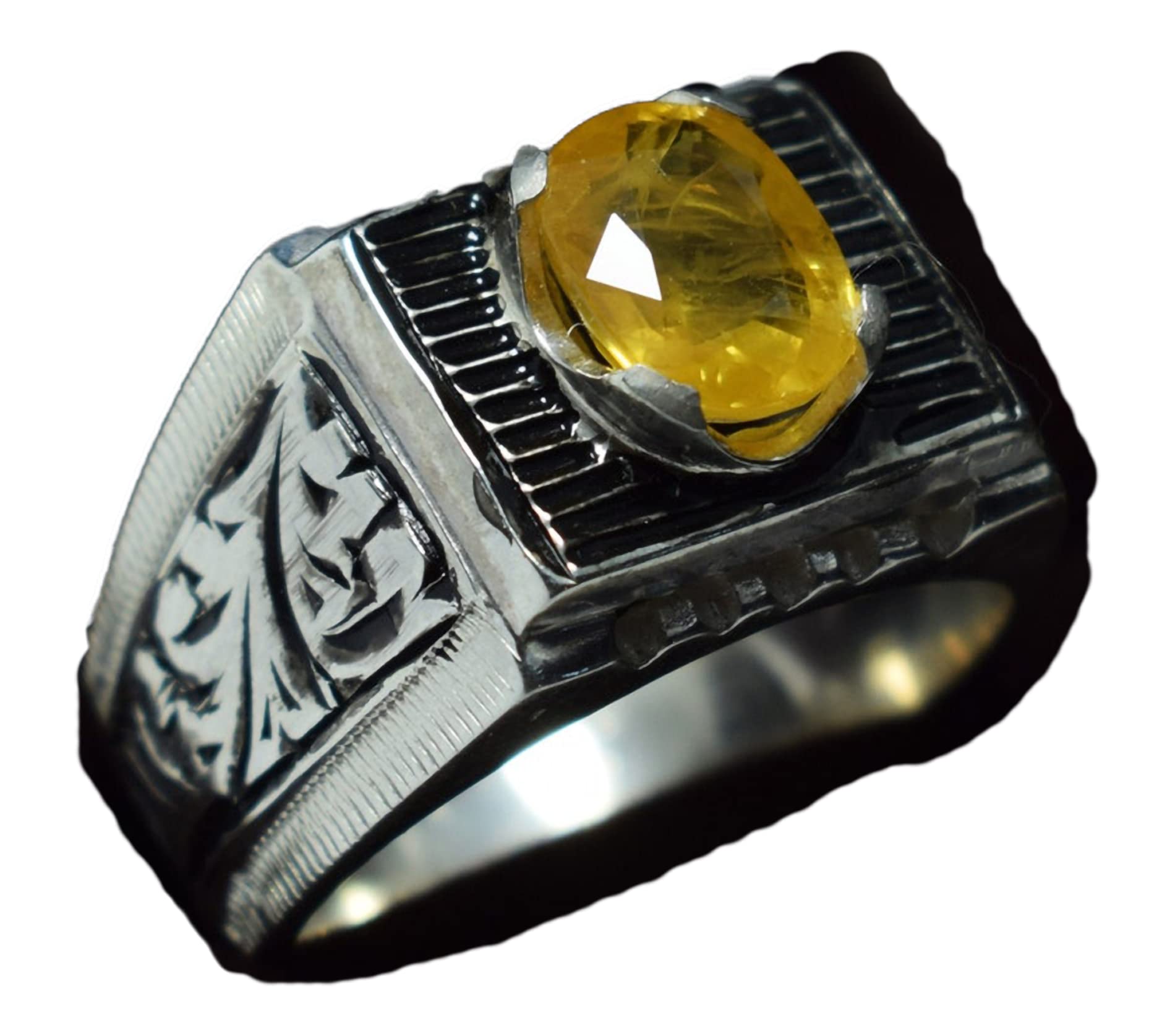 Natural Blue Sapphire & Yellow Pukhraj Sterling Silver Ring for Men - Zodiac Birthstone Jewelry with Engraved Design by GEM EMPORIUM | Perfect for Weddings, Anniversaries & Special Occasions