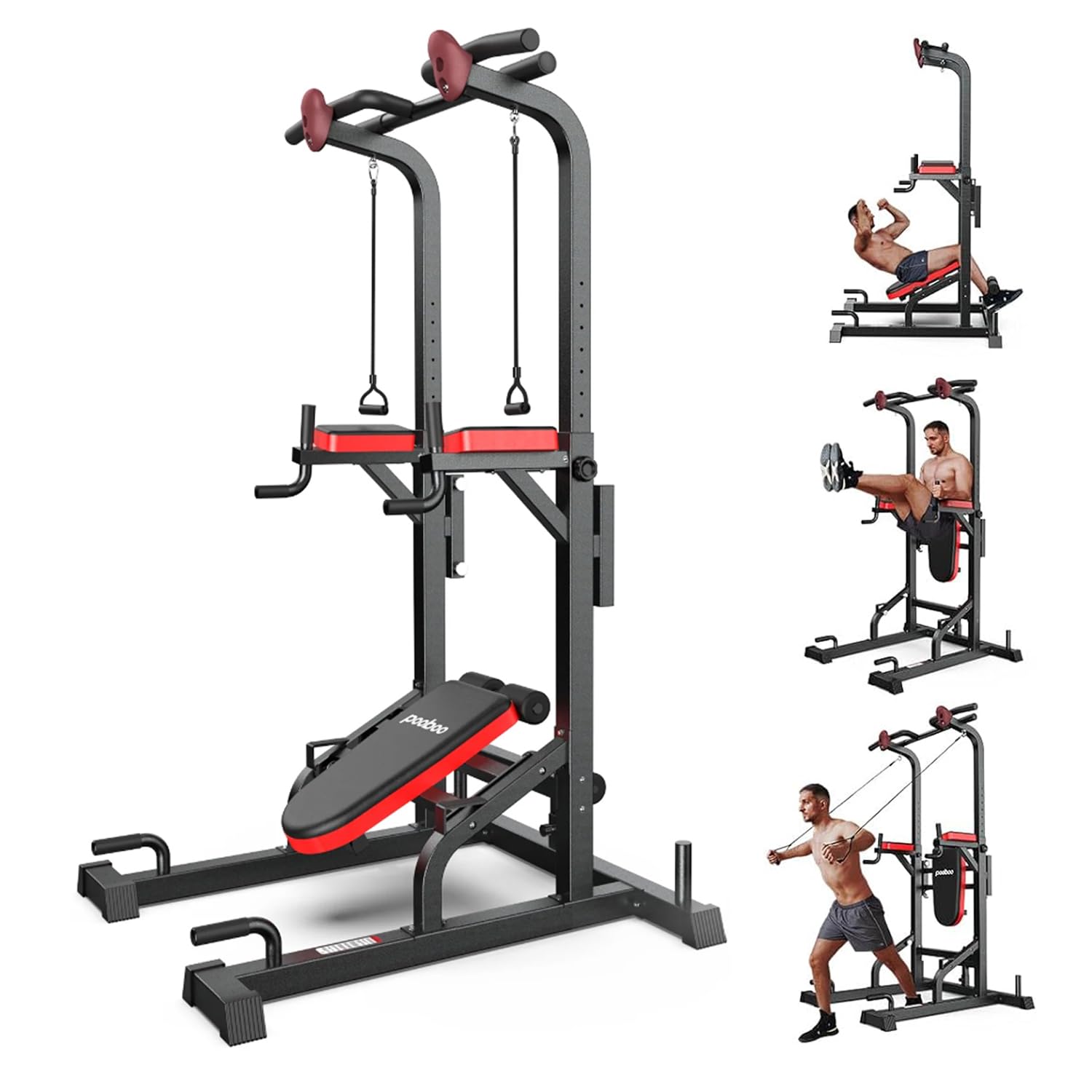 Pooboo Adjustable Power Tower Dip Station - Pull Up Bar Stand for Home Gym, Strength Training Equipment for Full Body Workout - Perfect for CrossFit, Calisthenics & Home Fitness Training