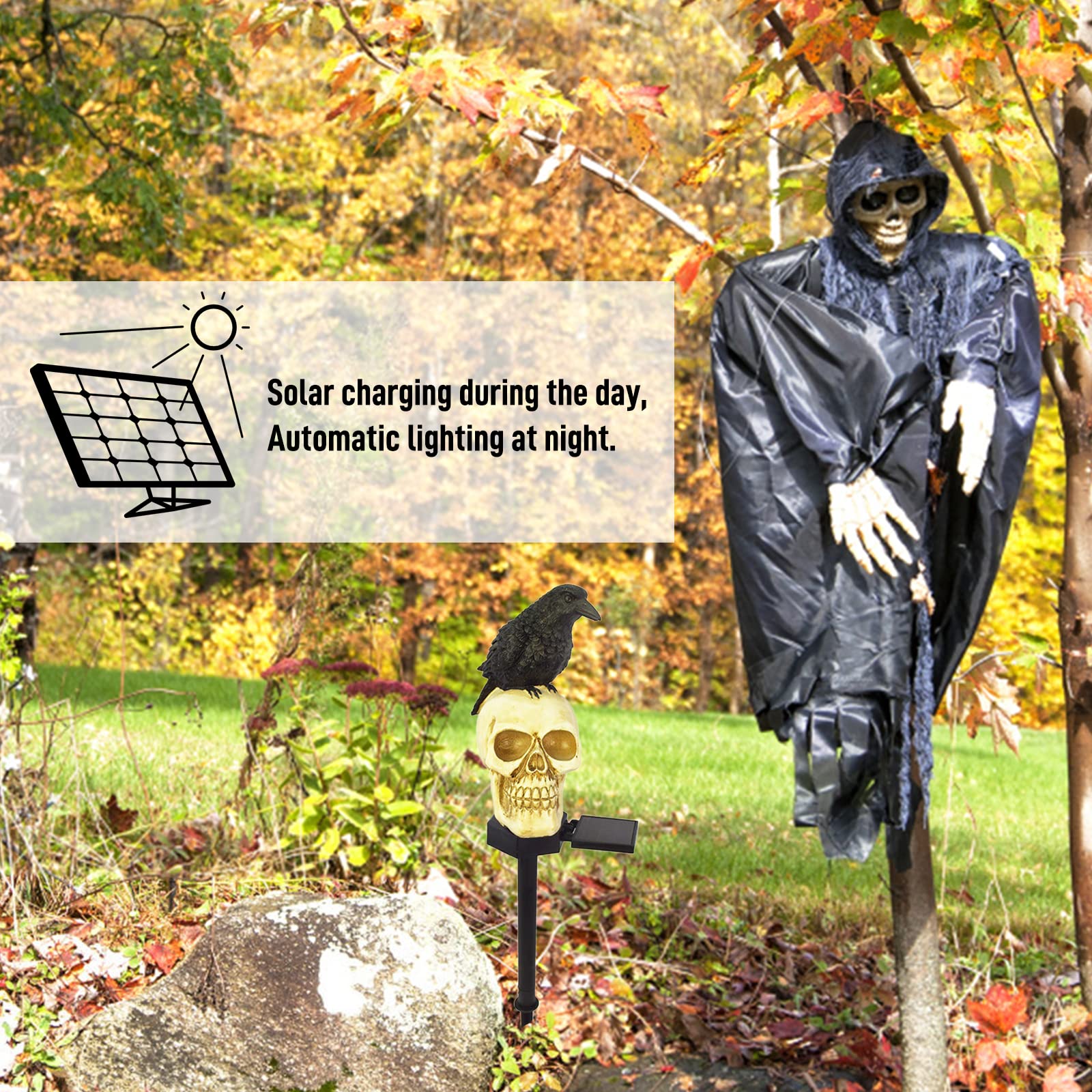 Halloween Solar Garden Lights Outdoor - Waterproof Skull Crow LED Stake Lights for Lawn, Patio, Backyard | Solar Powered Halloween Decorations for Yard, Pathway & Party Decor