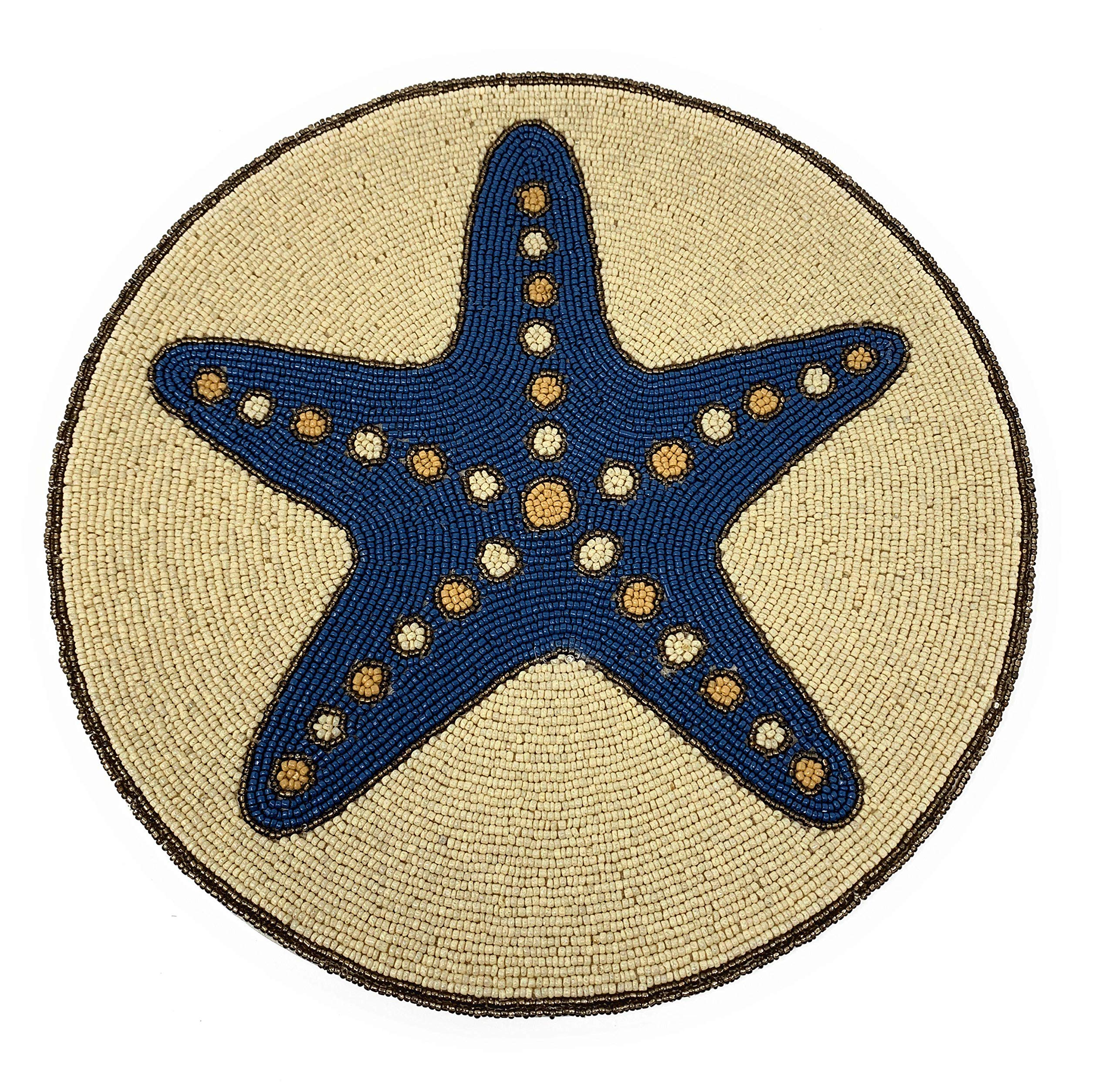 Coastal Living Seascapes Round Beaded Placemat Charger - Dark Blue Starfish Design - Perfect for Beach Themed Dining, Wedding Decor, and Table Centerpiece