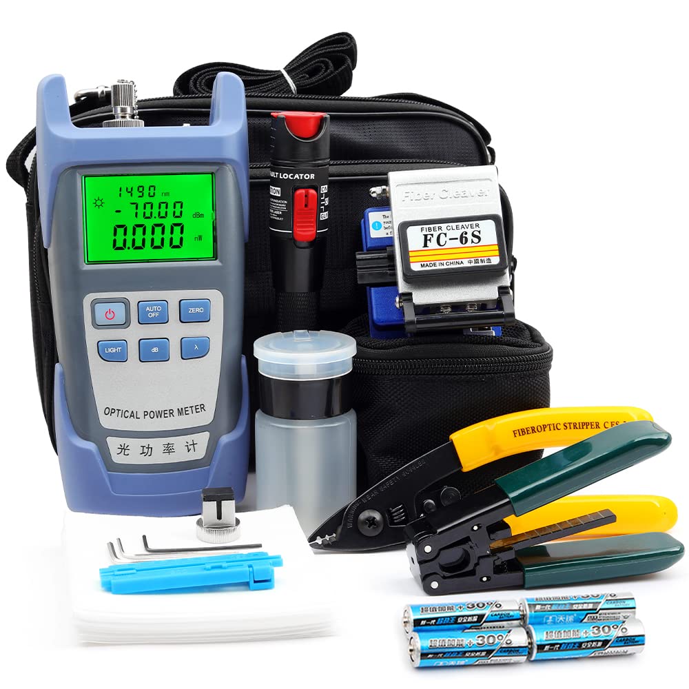 FTTH Fiber Optic Cable Cold Connect Tools Kit with Visual Fault Locator, FC-6S Fiber Cleaver, SC/FC Connector, Optical Power Meter, Cable Tester & Stripper - Complete Termination Kit for Fiber Optic Installation & Maintenance | Ideal for Telecom Technicians & Network Engineers
