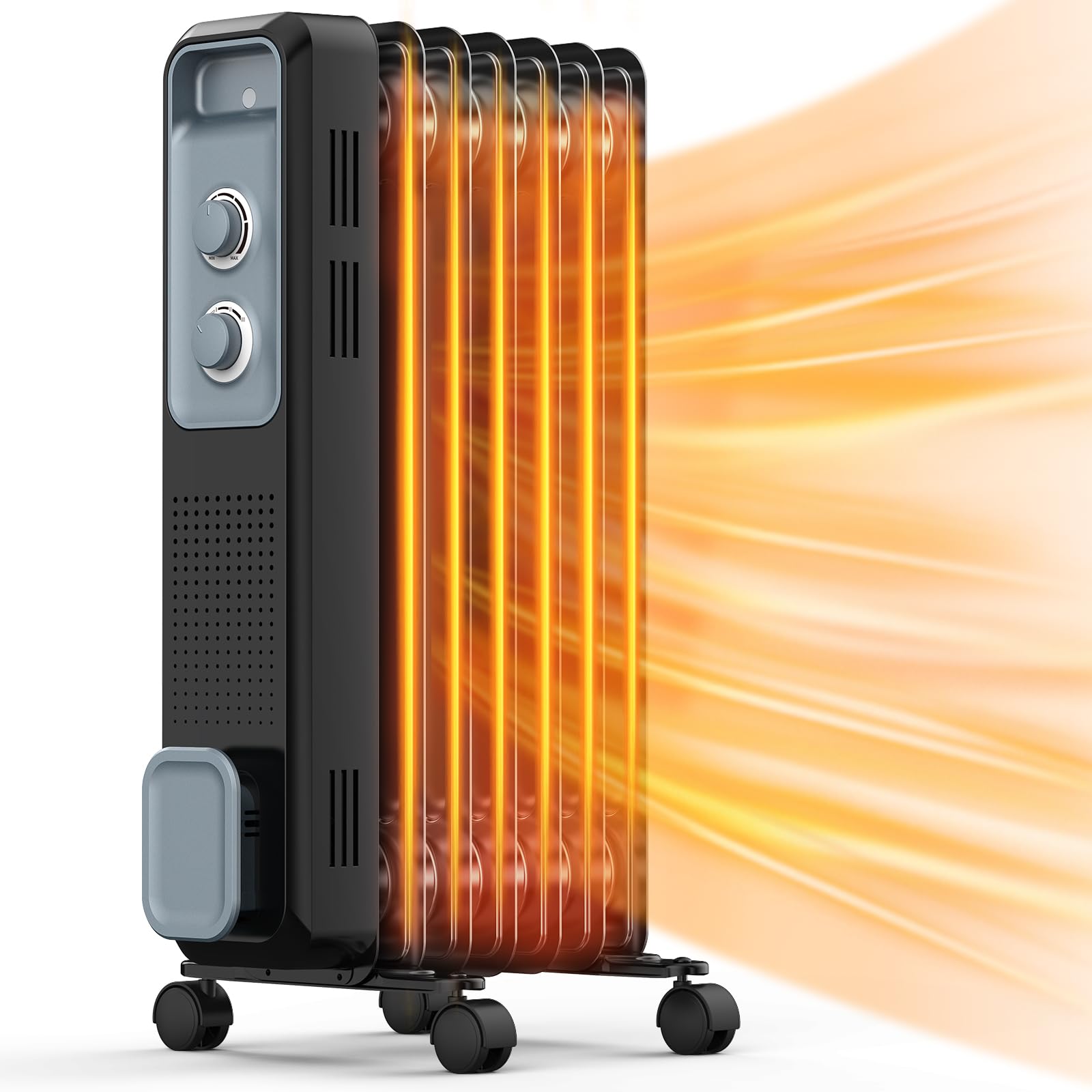 Joy Pebble Oil Filled Radiator Heater - 1200W Portable Electric Space Heater with 1S Rapid Heat, 3-Level Adjustable Thermostat, Tip-Over & Overheat Protection, 4 Wheels & Handle - Perfect for Bedroom, Office & Home Use in Winter