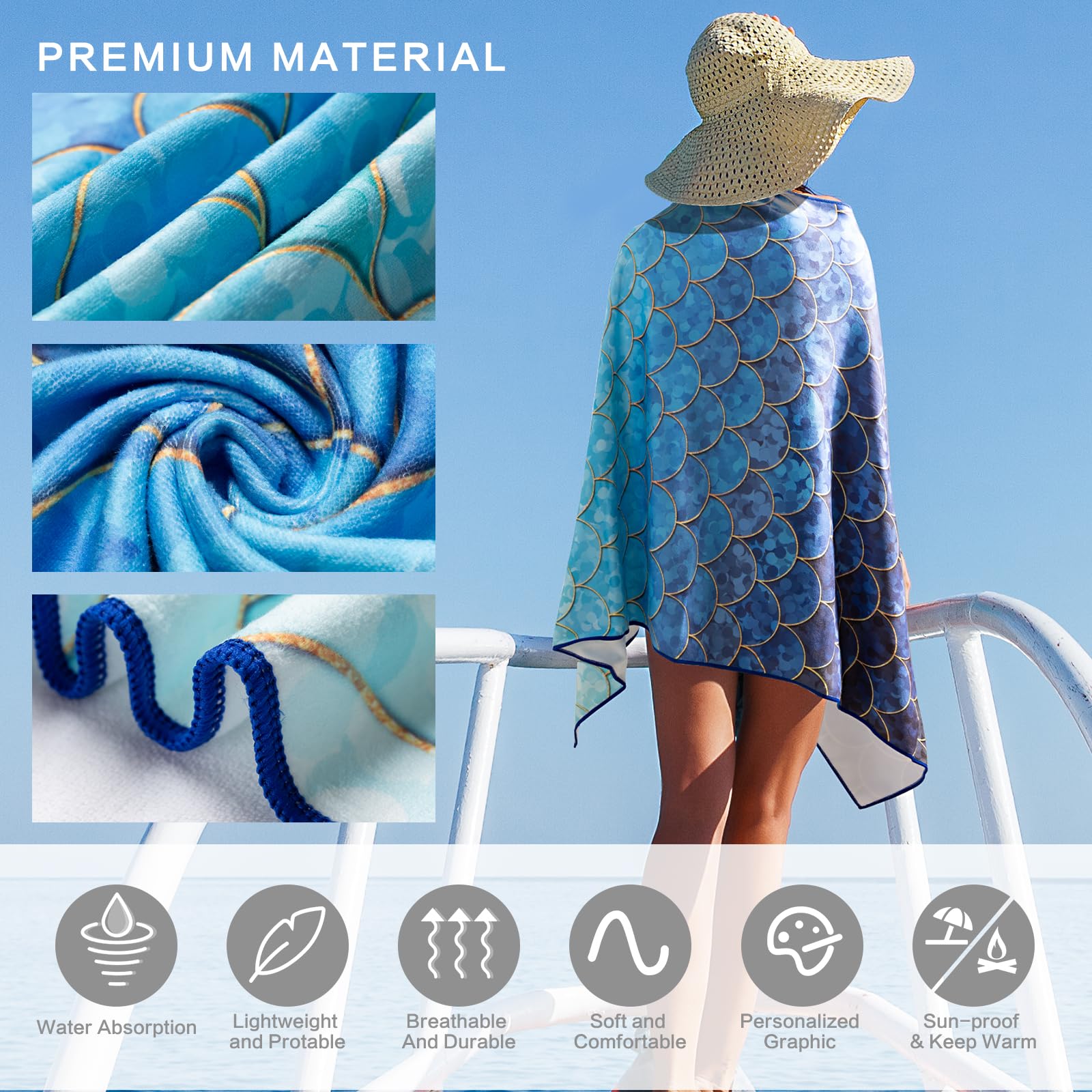 Ombre Blue Mermaid Beach Towel - Soft Cotton Blend Velour Absorbent Bath Towel for Kids, Teens, Men & Women - Perfect for Pool, Beach, Yoga, Gym, Camping & Travel