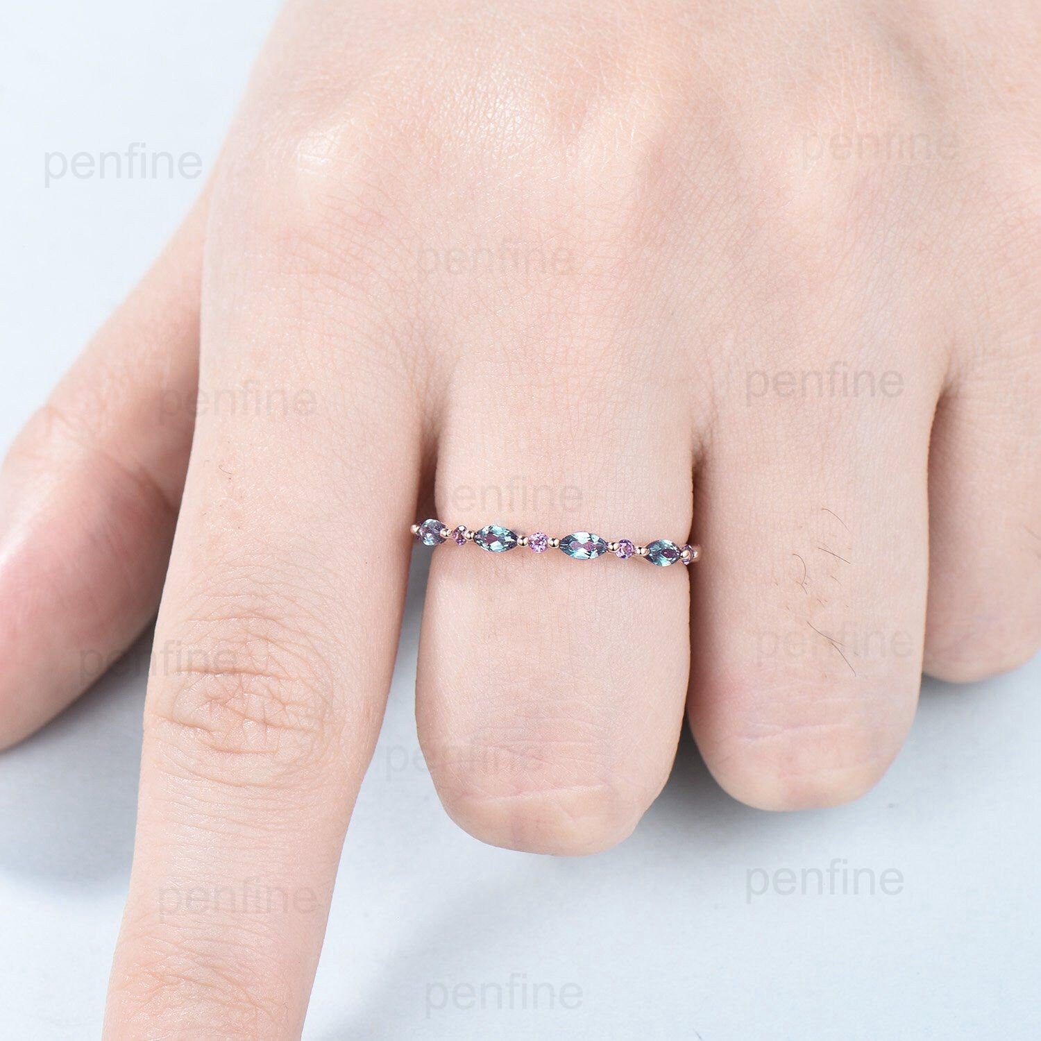 Vintage Alexandrite & Amethyst Wedding Band for Women - Rose Gold Art Deco Stacking Ring with Purple Crystal - Perfect Anniversary Gift & Matching Band for Weddings, Engagements & Special Occasions