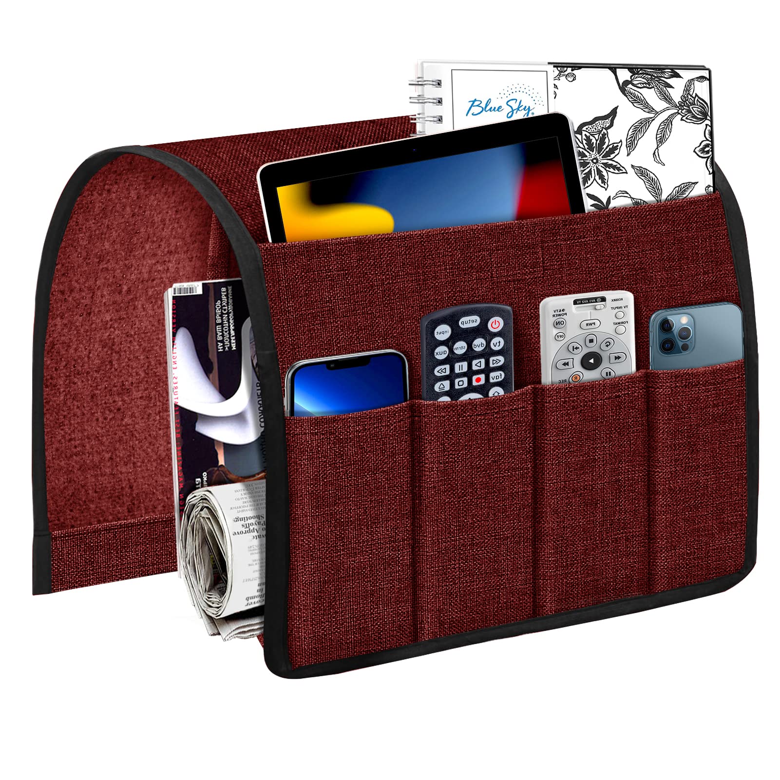 Joywell Armchair Caddy with 6 Pockets - Sofa Armrest Organizer for TV Remote Control, Magazine, Books, Cell Phone & iPad - Burgundy - Perfect for Living Room, Bedroom & Home Theater Organization