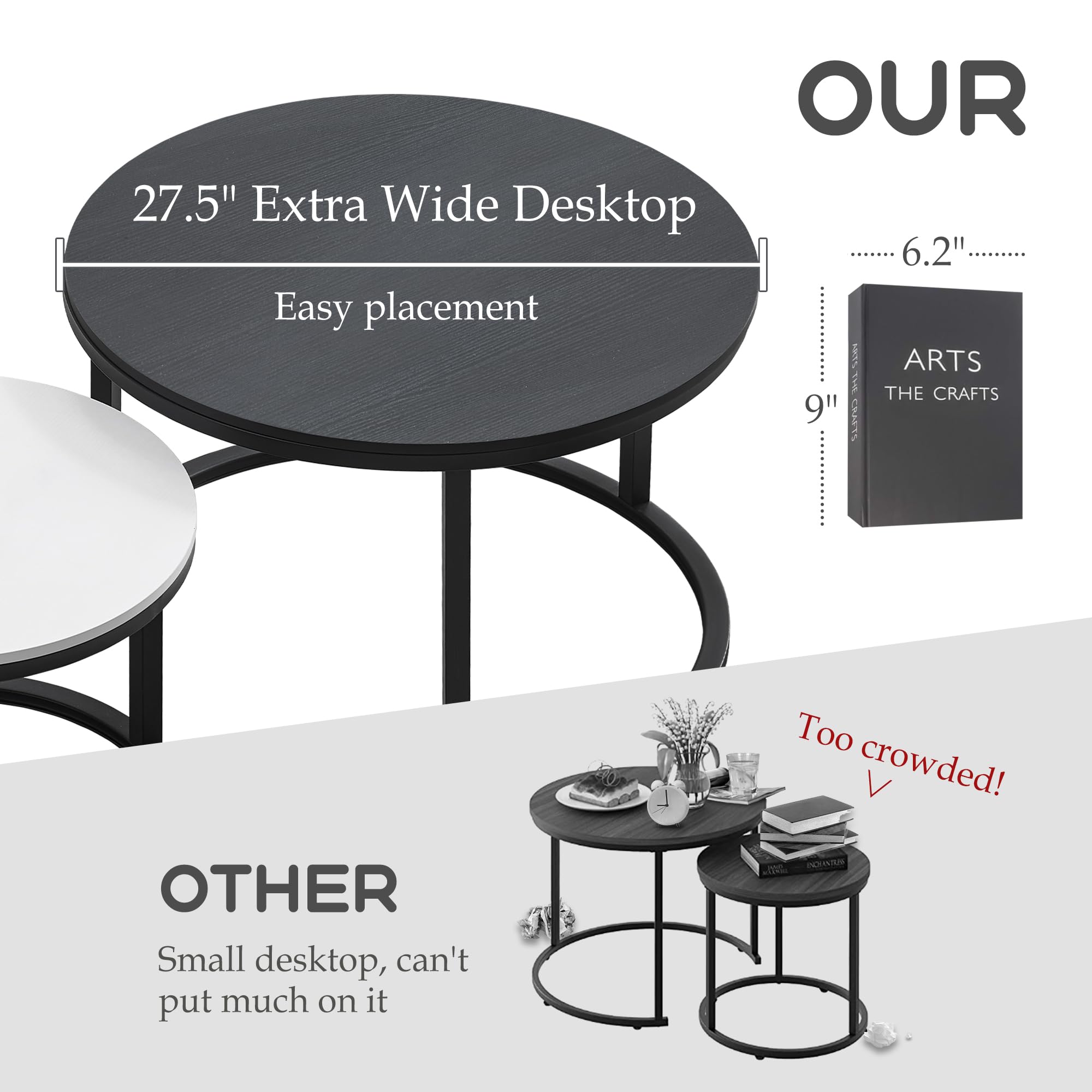 27.5 Inch Round Wood Coffee Tables Set of 2 - Modern Black and White Side Tables with Drawers for Small Spaces, Living Room, Bedroom & Office - Perfect for Coffee, Books & Decor