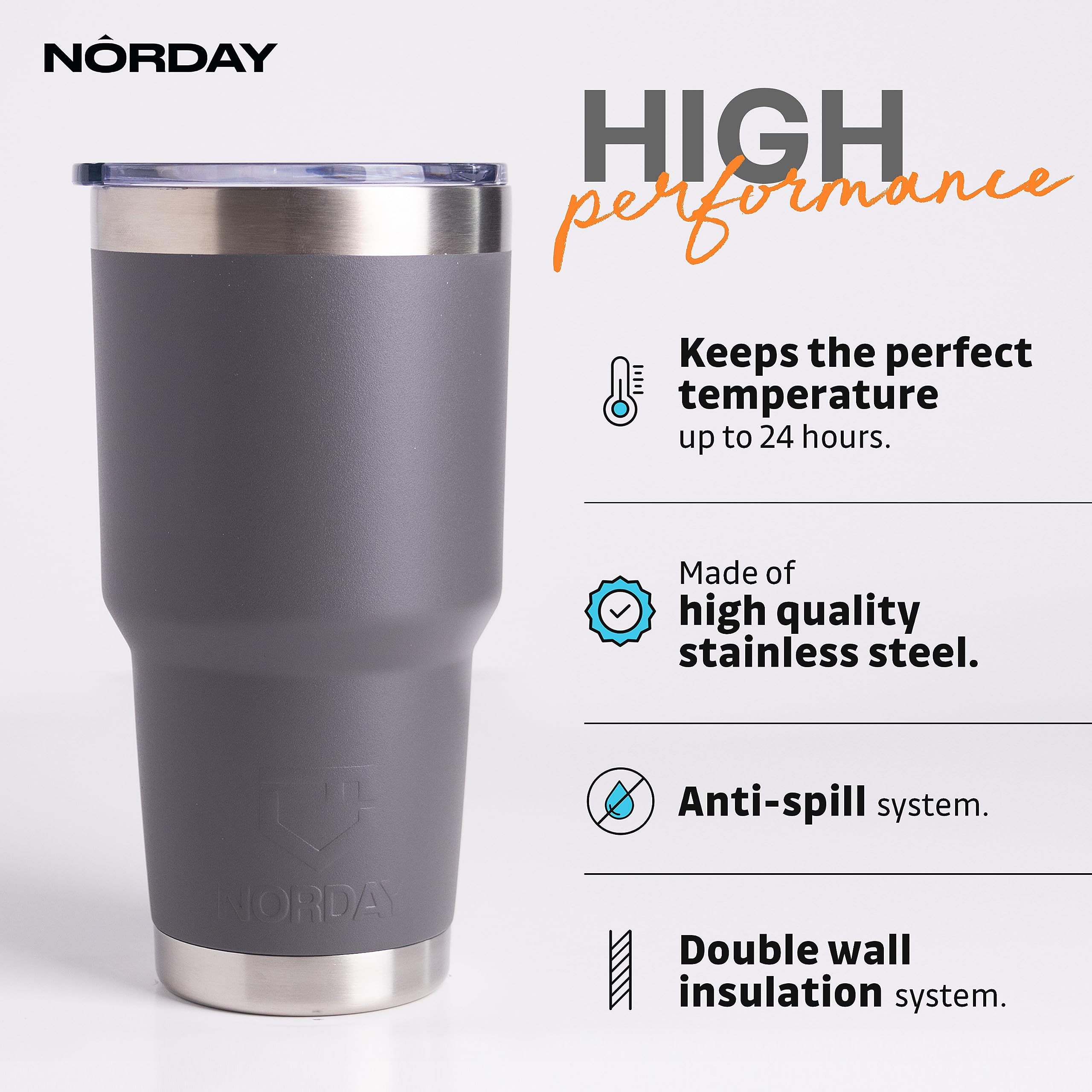 NORDAY 30oz Stainless Steel Tumbler with Lid - Grey Double Wall Vacuum Insulated Travel Mug - Keeps Drinks Hot/Cold for 24 Hours - Fits Car Cup Holder - Leak Proof Coffee Cup for Office, Gym, Camping & Road Trips