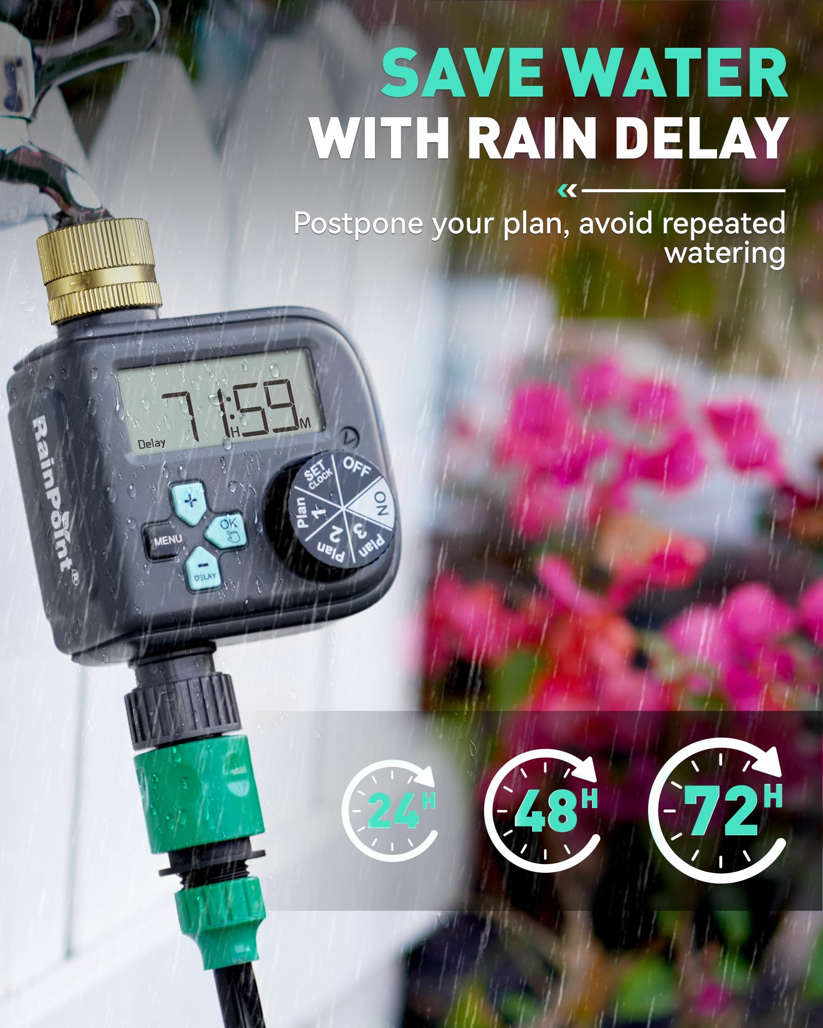 RAINPOINT Smart Sprinkler Timer with 3 Custom Programs - Waterproof Hose Timer with Brass Inlet, Rain Delay & Auto/Manual Irrigation System (1 Outlet) - Perfect for Lawn, Garden & Landscape Watering