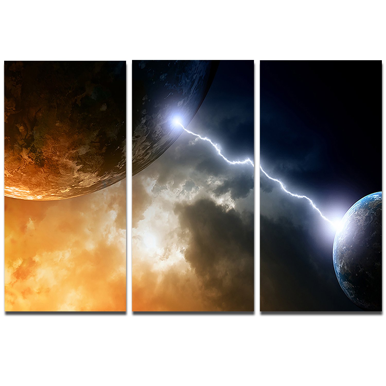 Designart Two Planets in Space - Modern Spacescape Canvas Art Print - 36x28 Inches - 3 Piece Multipanel Wall Decor - Orange - Perfect for Living Room, Bedroom, or Office Decor