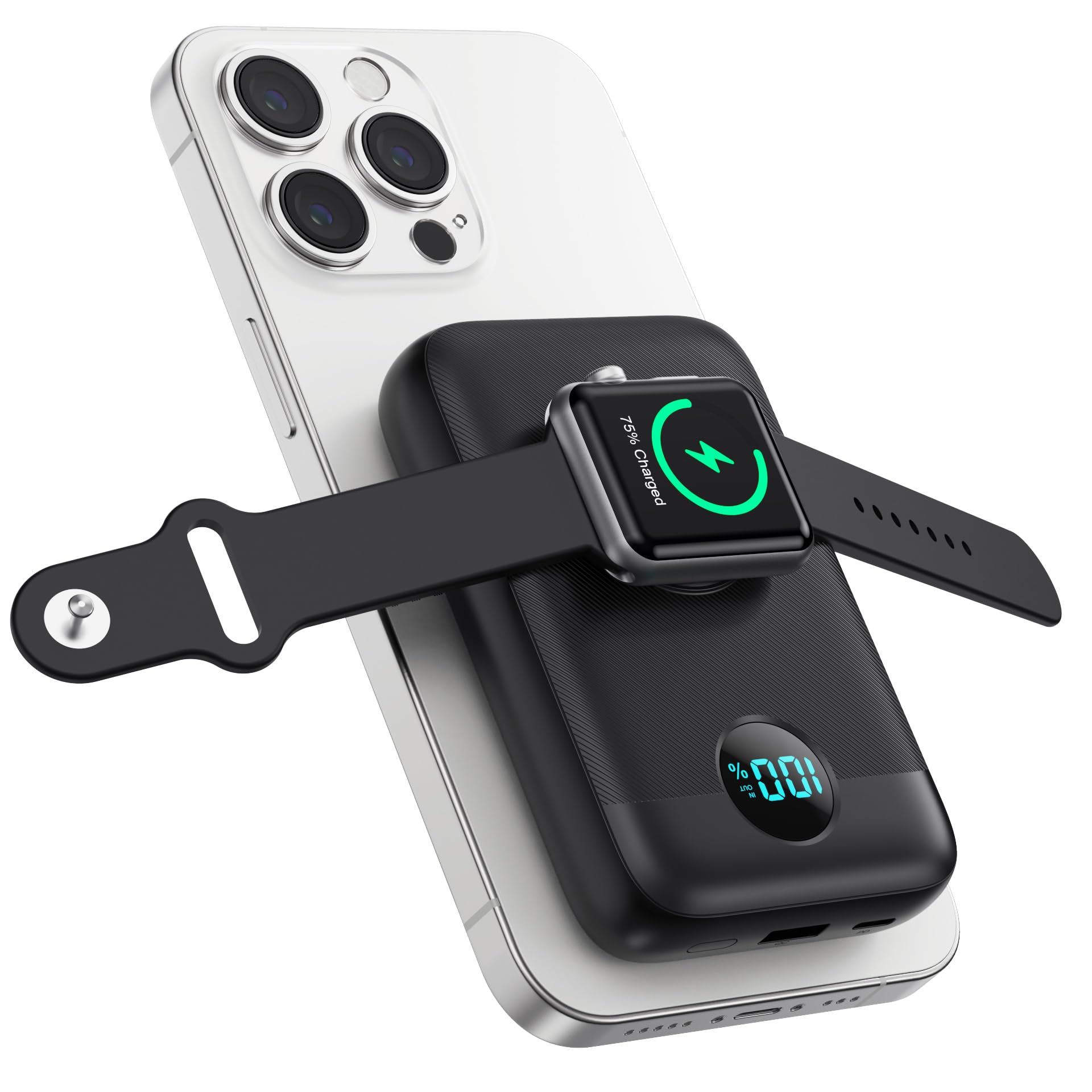 4-in-1 10800mAh Magnetic Wireless Power Bank with USB-C PD 22.5W Fast Charging | Portable Charger for iPhone 15/14/13/12 Series, Apple Watch & Android | LCD Display | Perfect for Travel, Camping & Emergency Power Backup