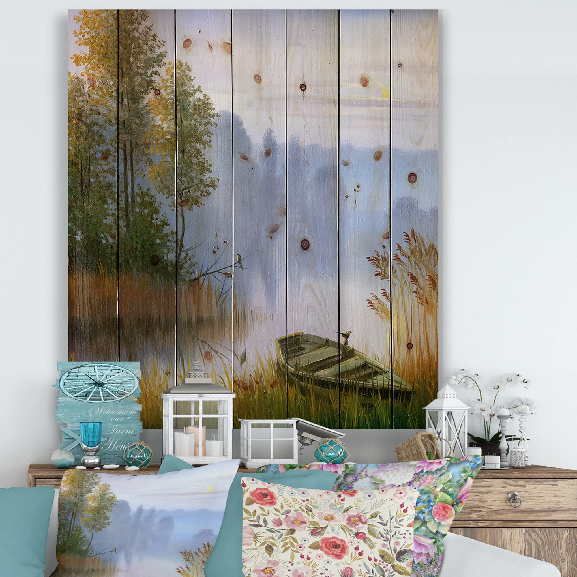 DesignQ Traditional Wood Wall Art - Lake Boat Landscape on Natural Pine Wood, Blue Wood Wall Decor for Living Room, Bedroom & Office