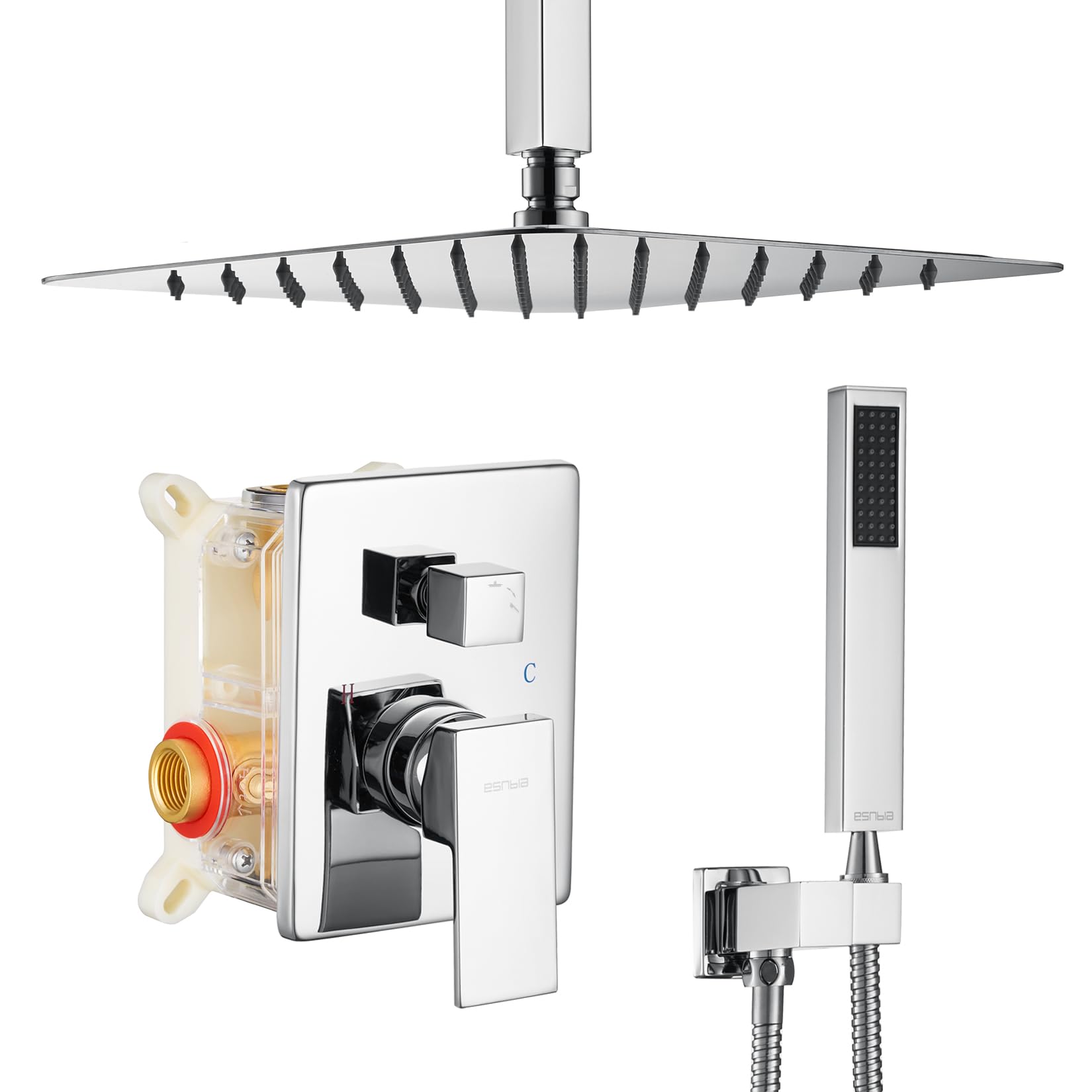 ESNBIA 10 Inch Ceiling Shower System - High Pressure Rainfall Dual Shower Head Combo with Handheld Sprayer, Chrome Shower Faucet Set with Valve and Trim - Perfect for Modern Bathroom Renovation & Spa-Like Shower Experience