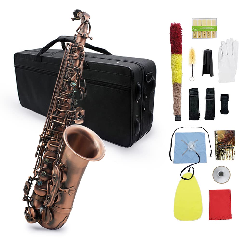 Professional Red Bronze E-flat Alto Saxophone with Abalone Shell Key Carvings - Includes Case, Gloves, Cleaning Cloth, Straps & Brush - Perfect for Jazz, Classical Music & Live Performances