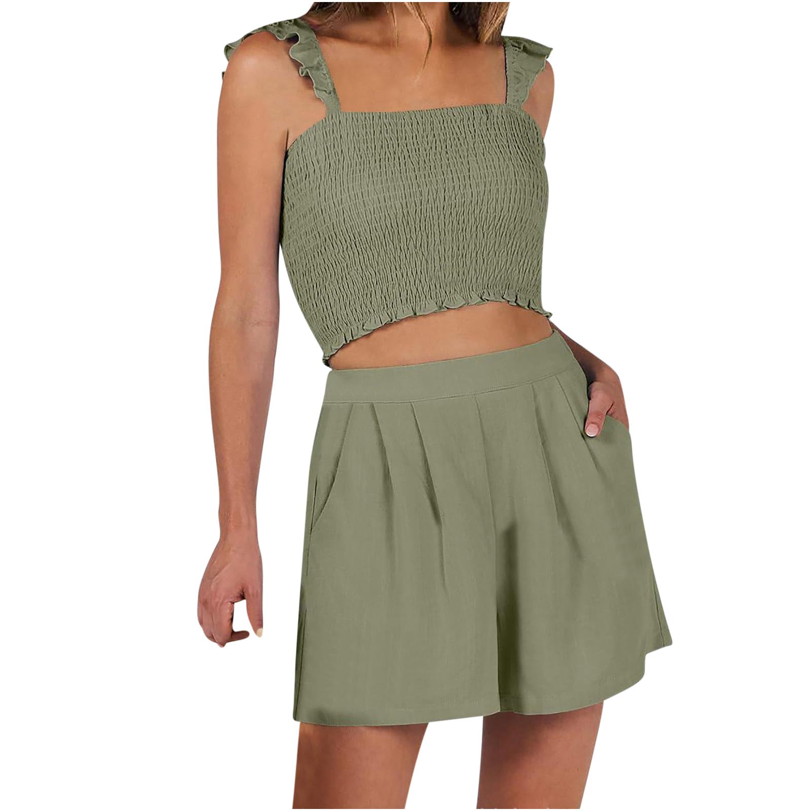 2 Piece Ruffle Summer Outfits for Women | Casual Soft Lounge Matching Sets | Smocked Crop Top & Pants | 2024 Solid Color | Perfect for Beach Vacations, Date Nights & Summer Parties