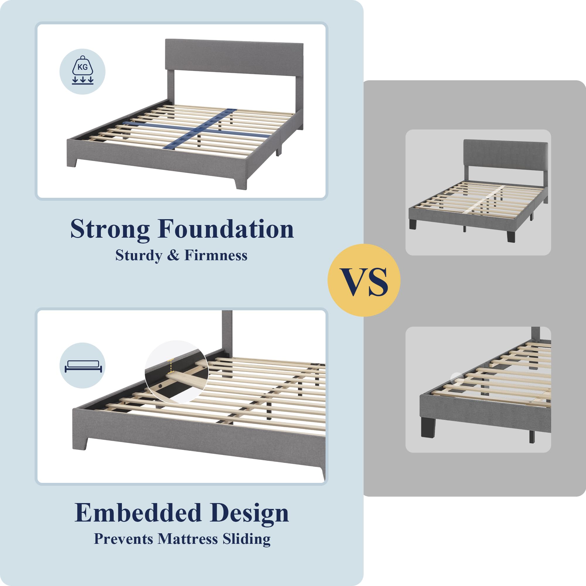 Allewie Full Size Bed Frame with Adjustable Headboard - Upholstered Platform Bed with Wood Slats, Heavy Duty Mattress Foundation (No Box Spring Needed) - Noise-Free, Easy Assembly, Light Grey - Perfect for Master Bedrooms, Guest Rooms & Small Apartments