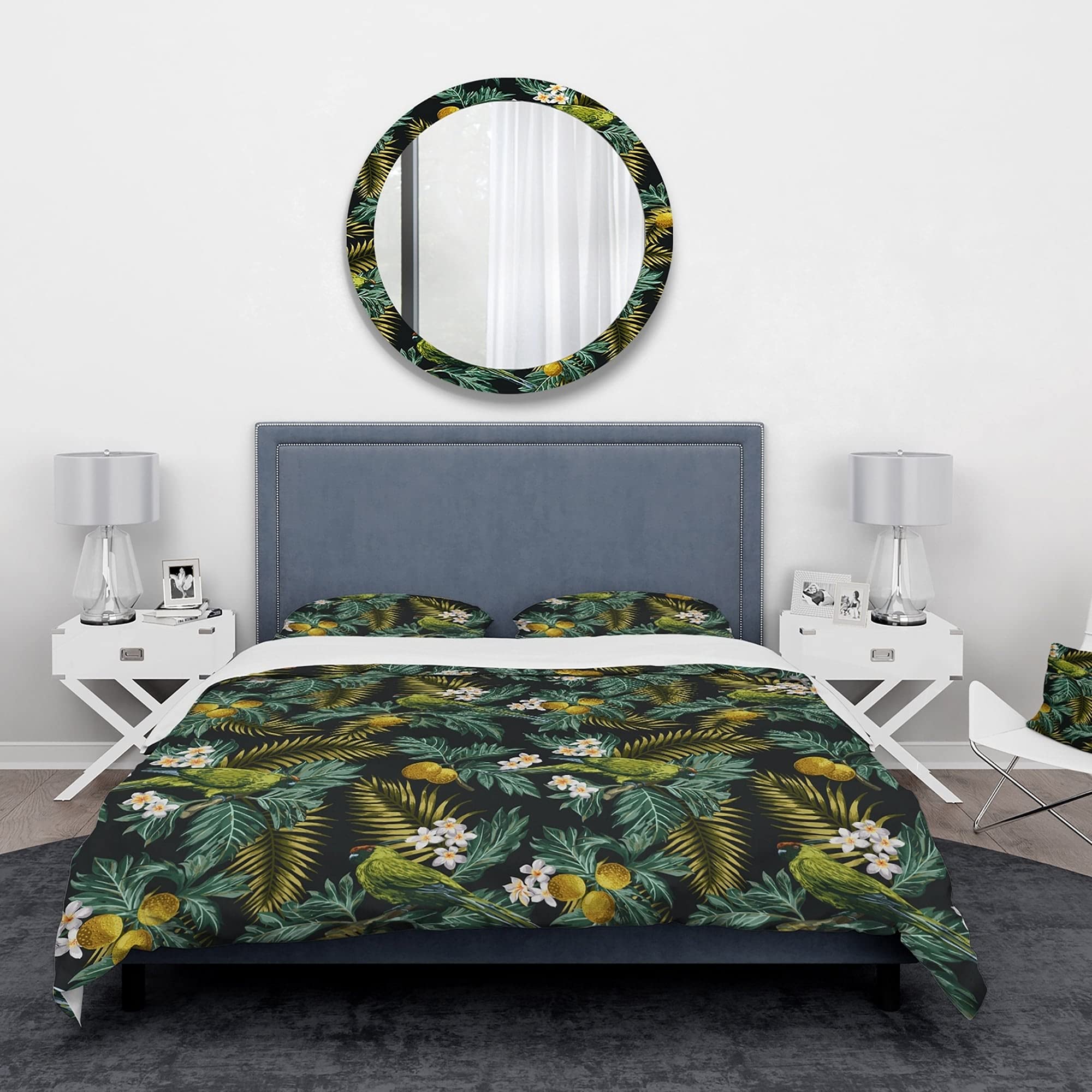 Designart 'Tropical Leaves with Lemons and Green Bird' Animal Print Bedding Set - Twin Size Duvet Cover & 2 Pillow Shams (Comforter Not Included) for Tropical Themed Bedroom Decor