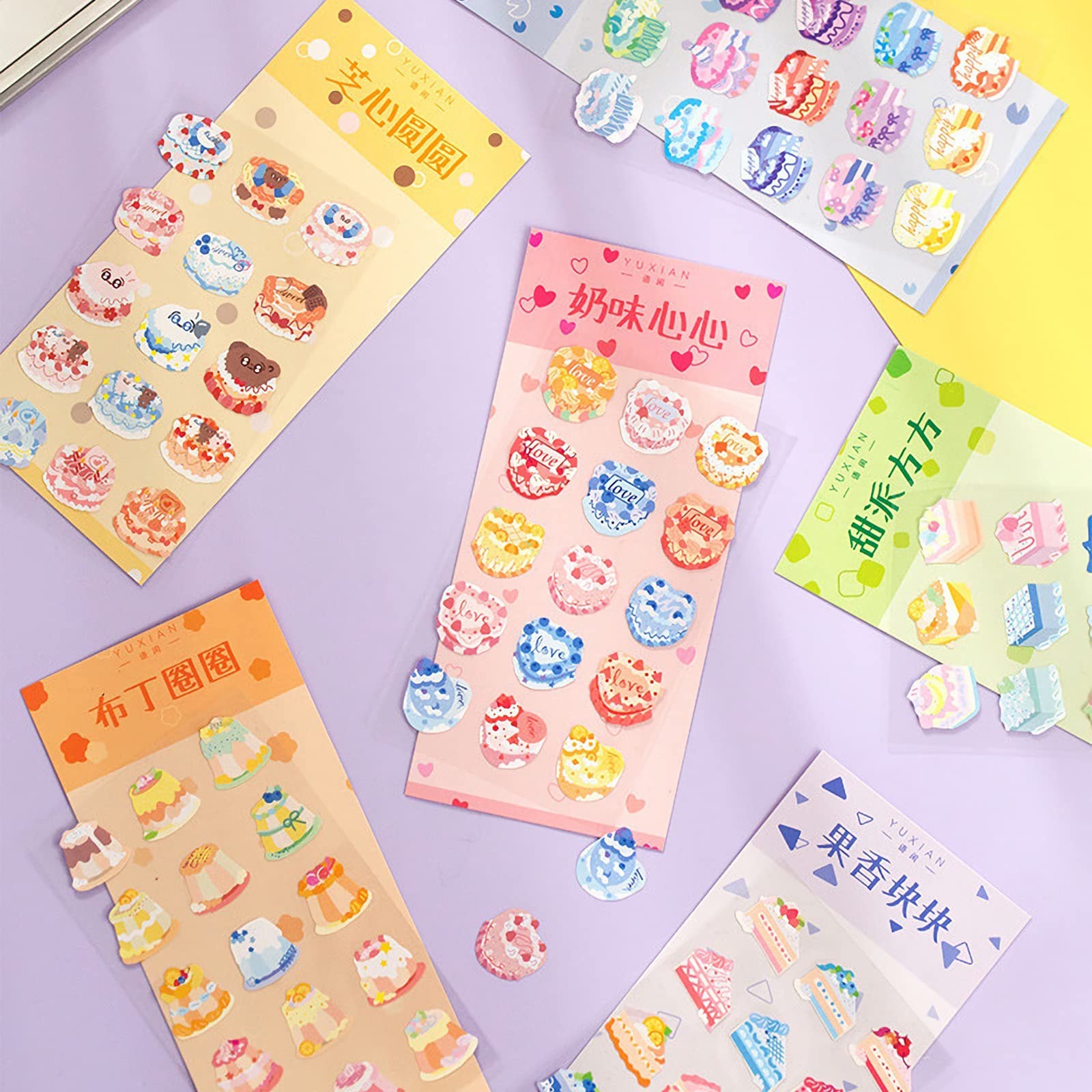Mdikawe Stickers - 90PCS Cartoon Cake Stickers Set for Scrapbooking, DIY Crafts, Journals, Planners & Notebook Decoration (5 Sets, Cute & Colorful)