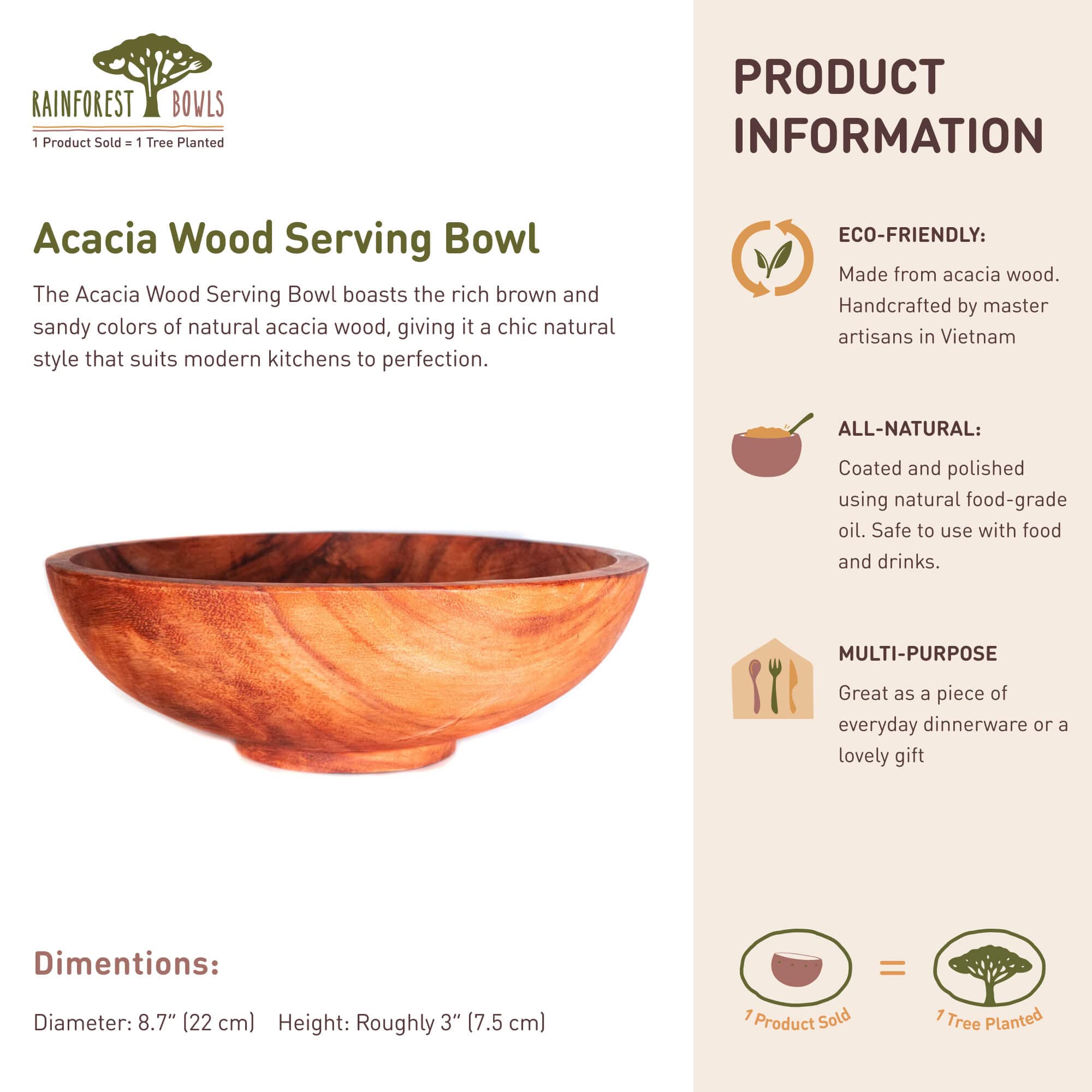 Handcrafted Acacia Wood Serving Bowl - 8.7 Inch Natural Wooden Bowl for Fruits, Salads, Snacks & Desserts | Eco-Friendly Sustainable Tableware | Perfect for Dinner Parties, Picnics & Kitchen Gifts