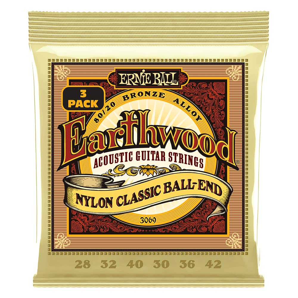 Ernie Ball Folk Nylon Clear & Gold Ball-End 80/20 Bronze Acoustic Guitar Strings 3-Pack - 28-42 Light Gauge (P03069) - Perfect for Folk, Classical & Fingerstyle Guitar Players