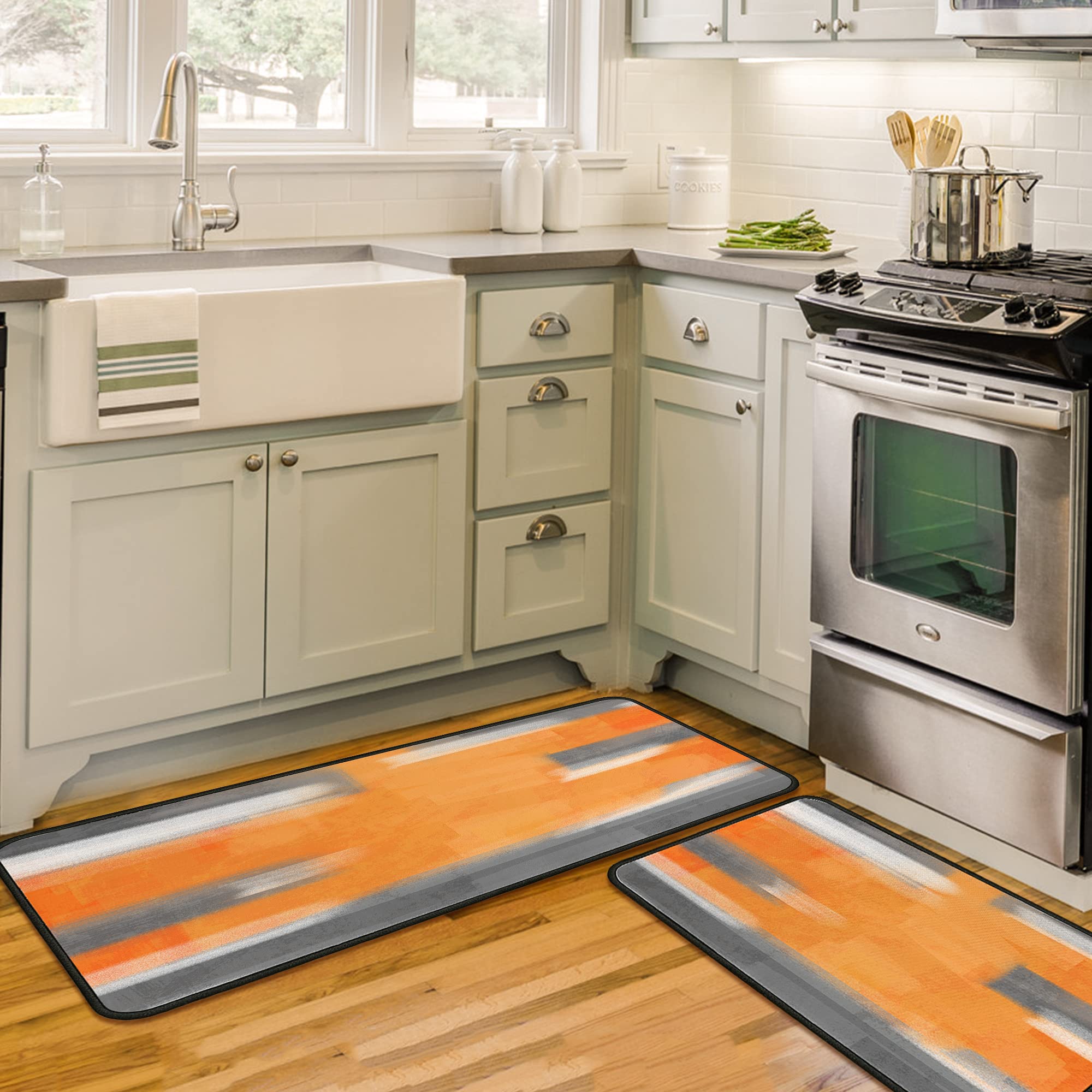 Non-Slip Orange Kitchen Rugs Set of 2 - Washable Floor Mats with Anti-Skid Backing - 17x47.2 & 17x30 Inch Home Decor Runner for Kitchen, Entryway, and Laundry Room - Perfect for High-Traffic Areas and Spill Protection
