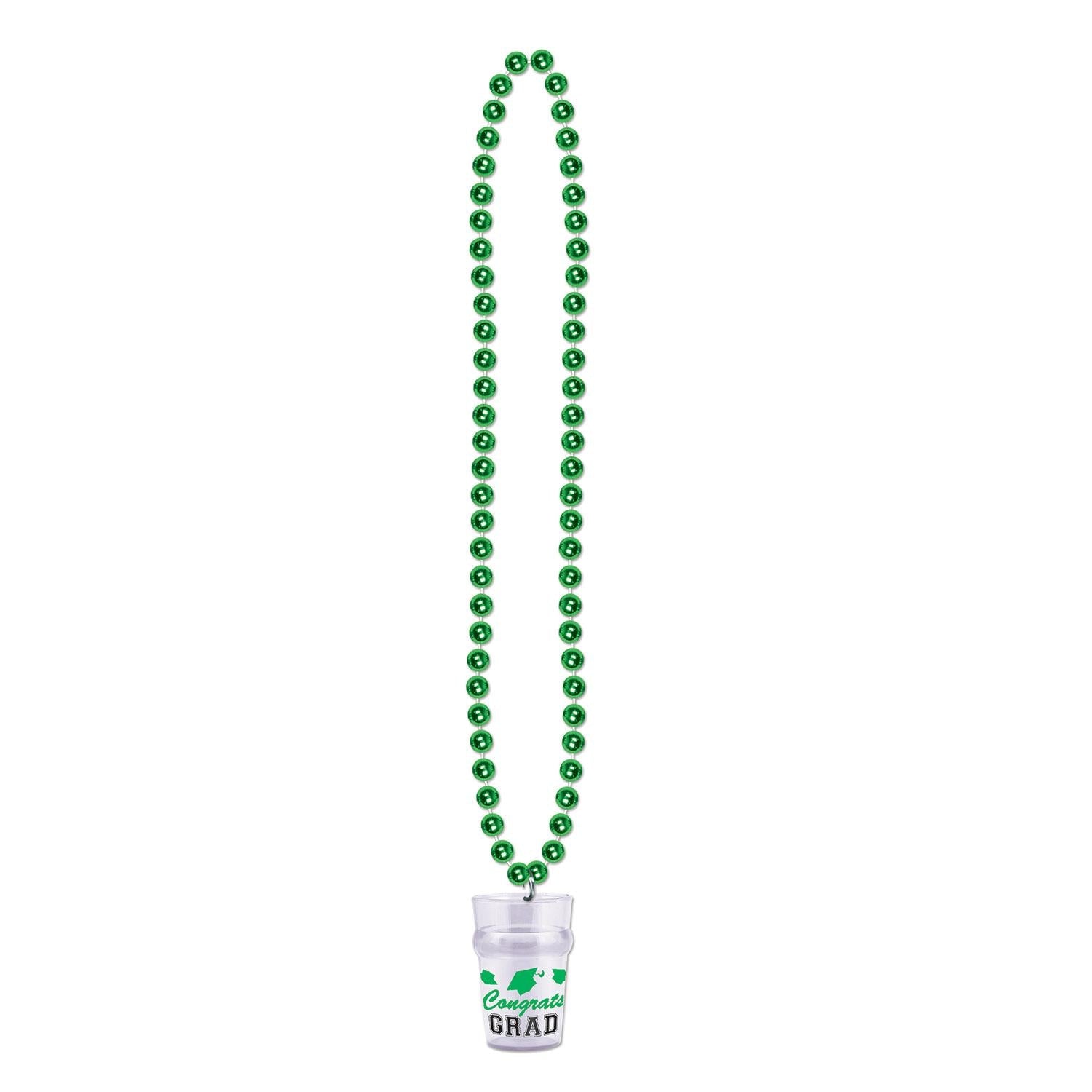 12 Pack Beistle Graduation Party Bead Necklaces with Grad Glass - Green - Perfect for Graduation Ceremonies, Parties & Celebrations
