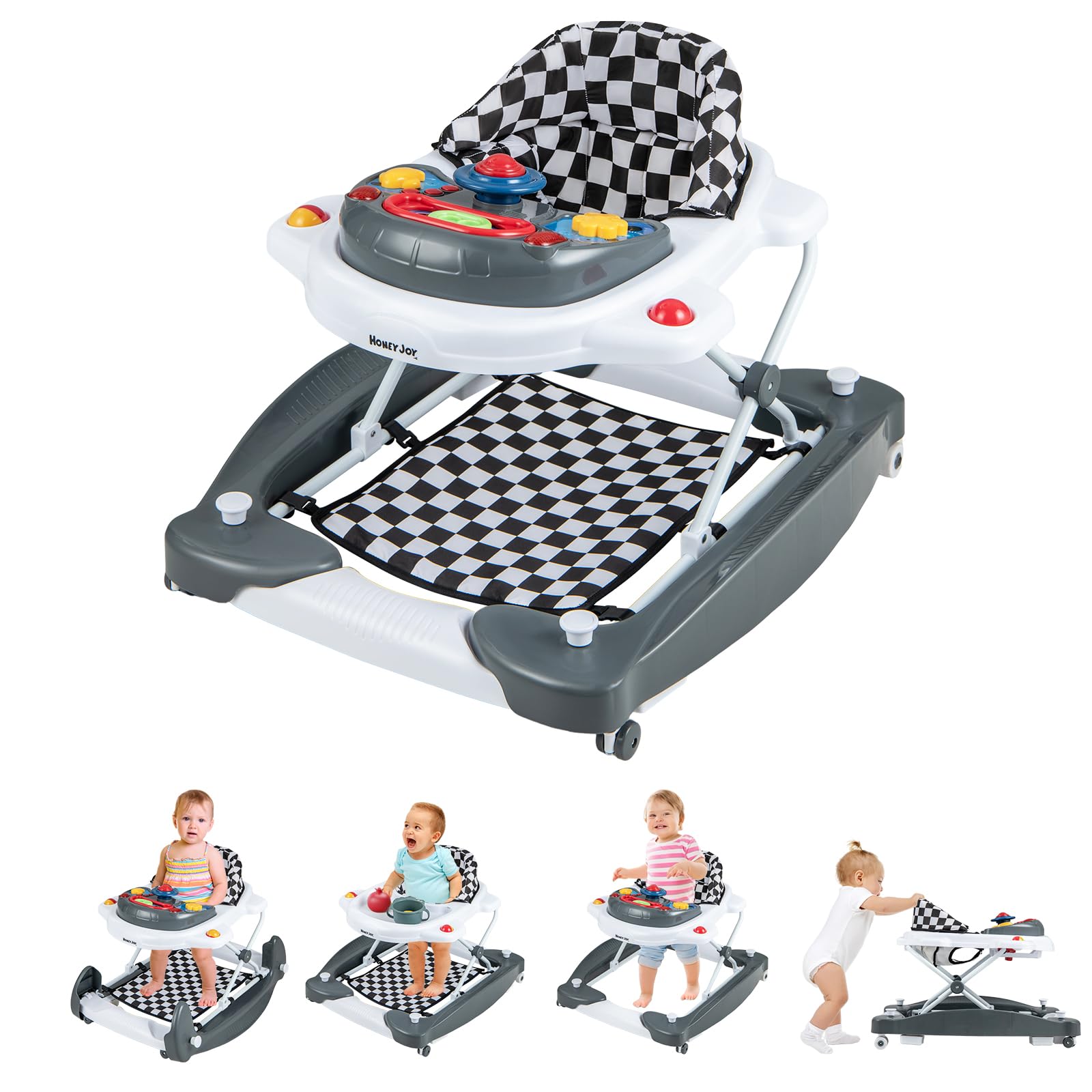 HONEY JOY 6-in-1 Foldable Baby Walker & Bouncer Combo - Adjustable Height Activity Walker with Wheels, Rocker, Music & Lights for Infants 7-14 Months (Gray) | Perfect for Playtime, Learning to Walk & Indoor Entertainment for Baby Boys & Girls