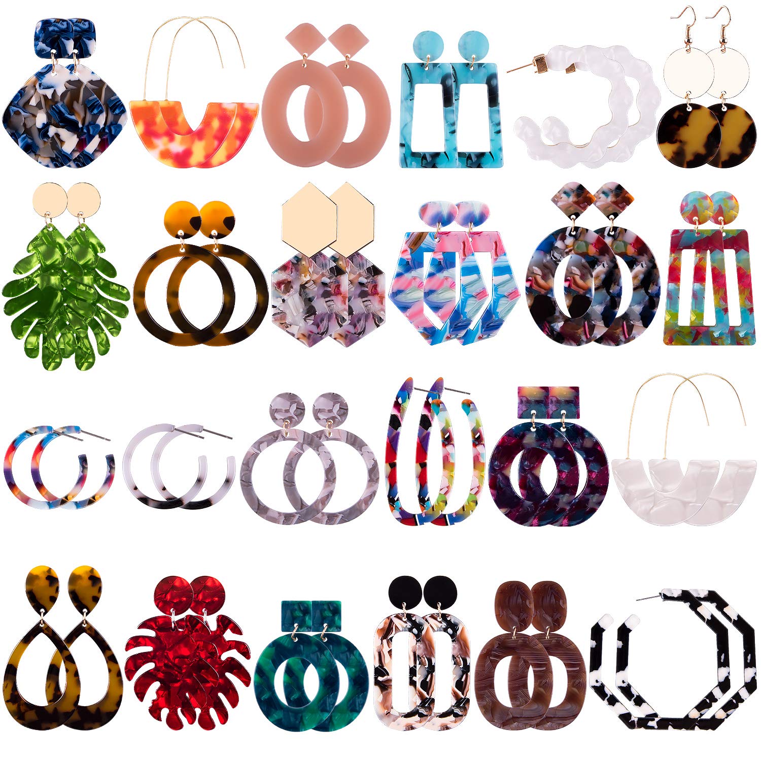 Duufin 24 Pairs Acrylic Drop Dangle Earrings - Resin Hoop Statement Jewelry Set | Bohemian Polygonal Fashion Earrings for Women | Perfect for Parties, Weddings & Everyday Wear