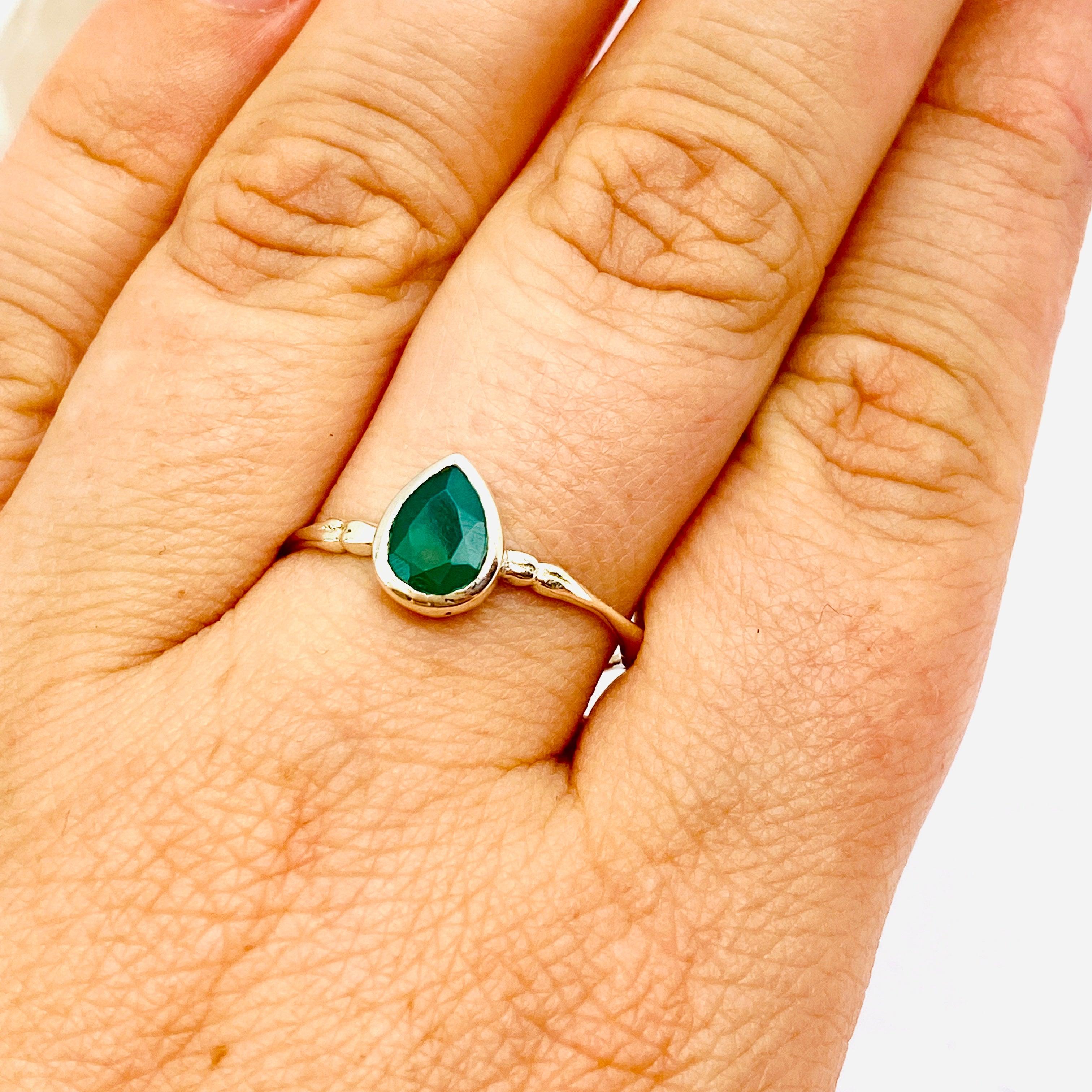 Green Chalcedony Faceted Teardrop Fine Band Ring R3691 GR - Elegant Jewelry for Women, Wedding, Party & Special Occasions