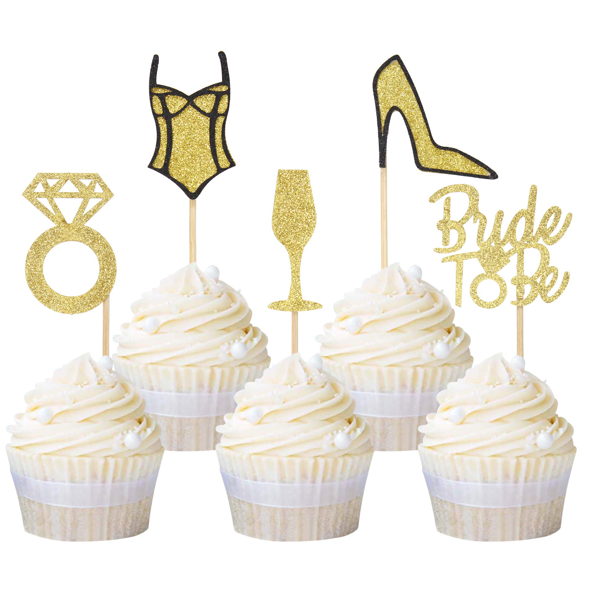 Ercadio 20-Pack Gold Glitter High Heel Underpants Ring Cupcake Toppers - Bride to Be Bachelorette Party Wedding Decorations for Bridal Shower, Hen Party & Wedding Cake Decor