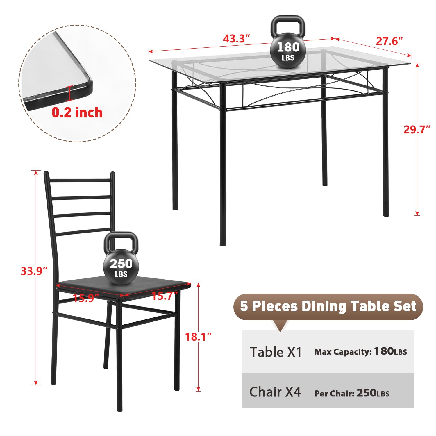 **PayLessHere 5-Piece Modern Dining Set - Glass Top Table & 4 Metal Leg Chairs for Kitchen, Breakfast Nook, or Small Space | Perfect for Family Meals & Entertaining Guests**
