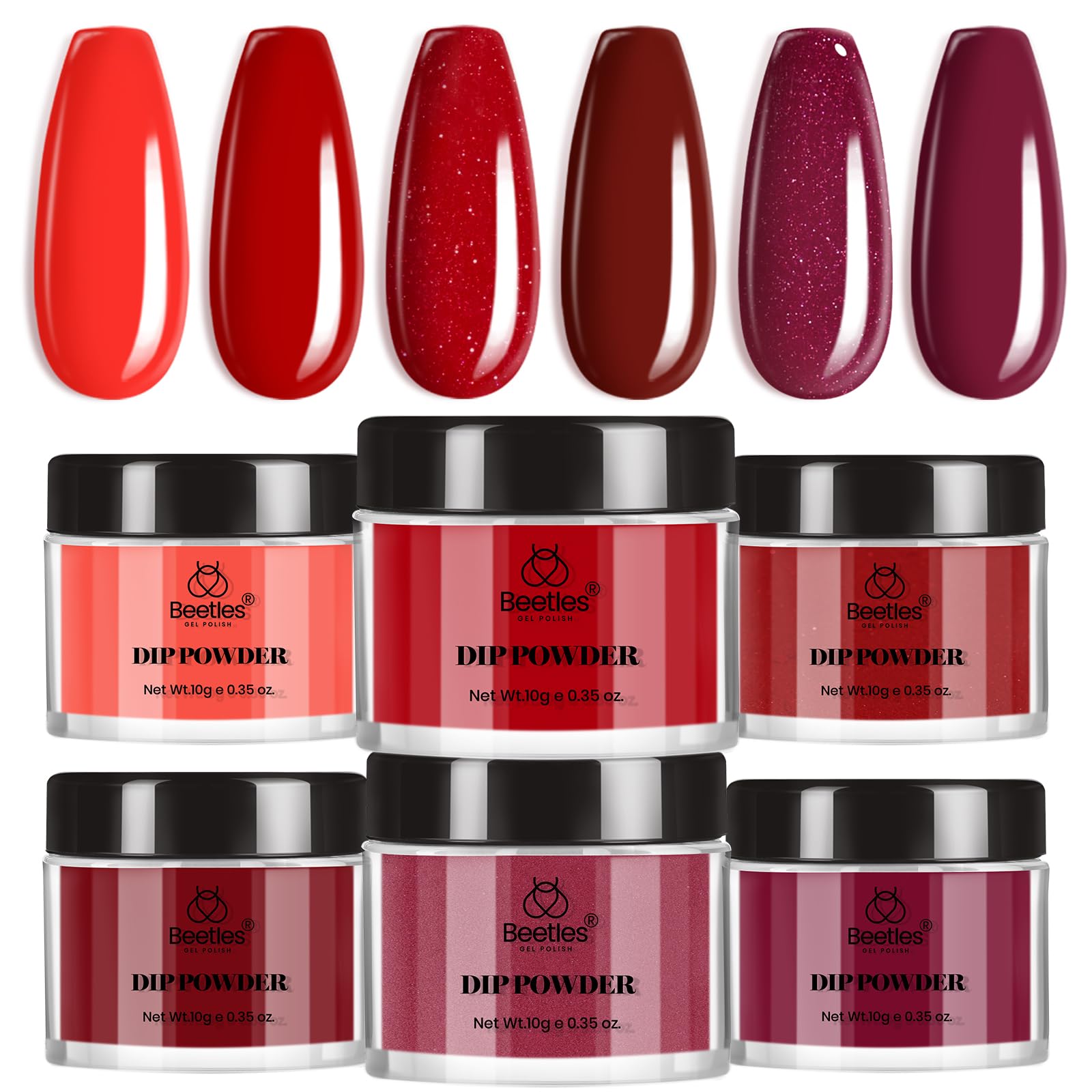Beetles 6 Colors Dip Powder Nail Kit - Red Glitter Dipping Powder, No UV Lamp Needed, Quick Curing Manicure Set for DIY Nails | Perfect Gift for Women & Girls | Home Salon, Party, Wedding, Special Occasion Nail Art