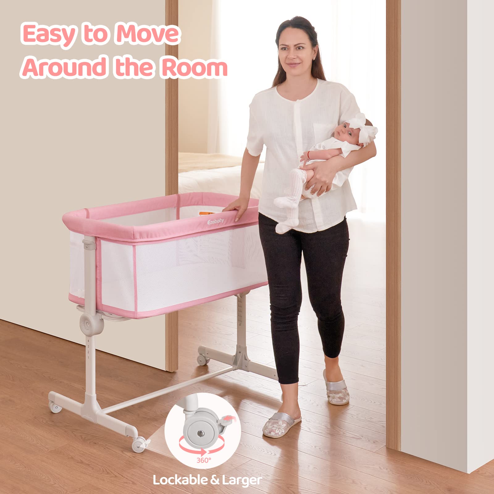 Ezebaby Portable Baby Bassinet Bedside Sleeper - Adjustable 7 Height Levels, Breathable Mesh Sides with Included Mattress & Sheet - Perfect for Newborns & Infants - Ideal for Nursery, Bedroom Co-Sleeping & Travel