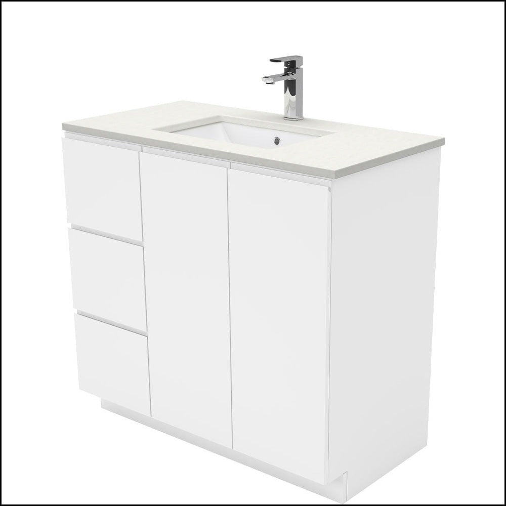 Fienza SC90CL 900mm White Undermount Vanity Unit with Crystal Pure Stone Top, Left Drawers & Fingerpull Kickboard – Perfect for Modern Bathroom & Powder Room Renovations